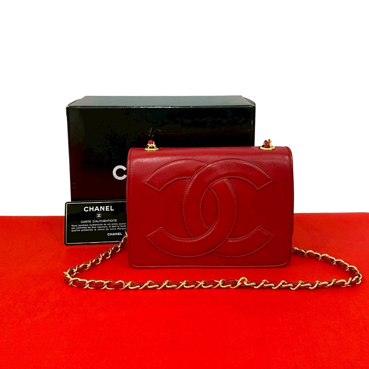 Chanel Chanel Coco Mark Lambskin Mini Shoulder Bag Leather Shoulder Bag Duty Free For Usa in Red, Women's