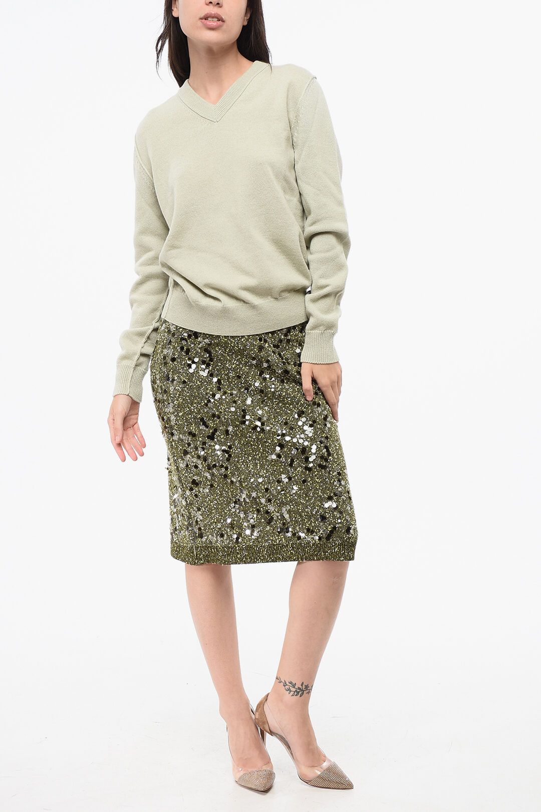 Maison Margiela og1mm0825 Cashmere V-neck Sweater in Light Green Size XS / US 0-2 / IT 36-38 - 4 Thumbnail