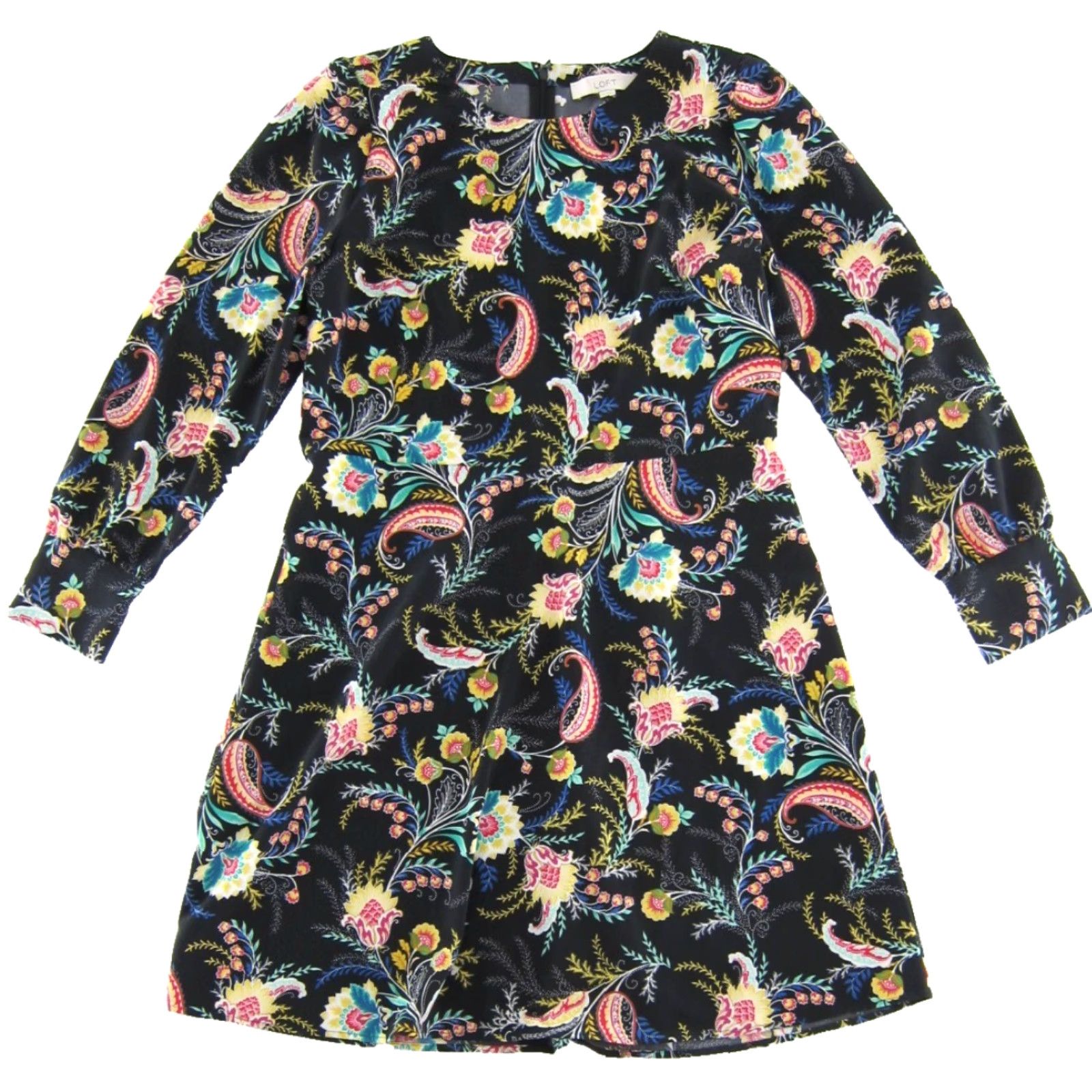 Loft Ann Taylor Loft Dress Long Sleeve Floral Paisley Black Green Yellow Pink 12 Size XL / US 12-14 / IT 48-50 - 2 Thumbnail