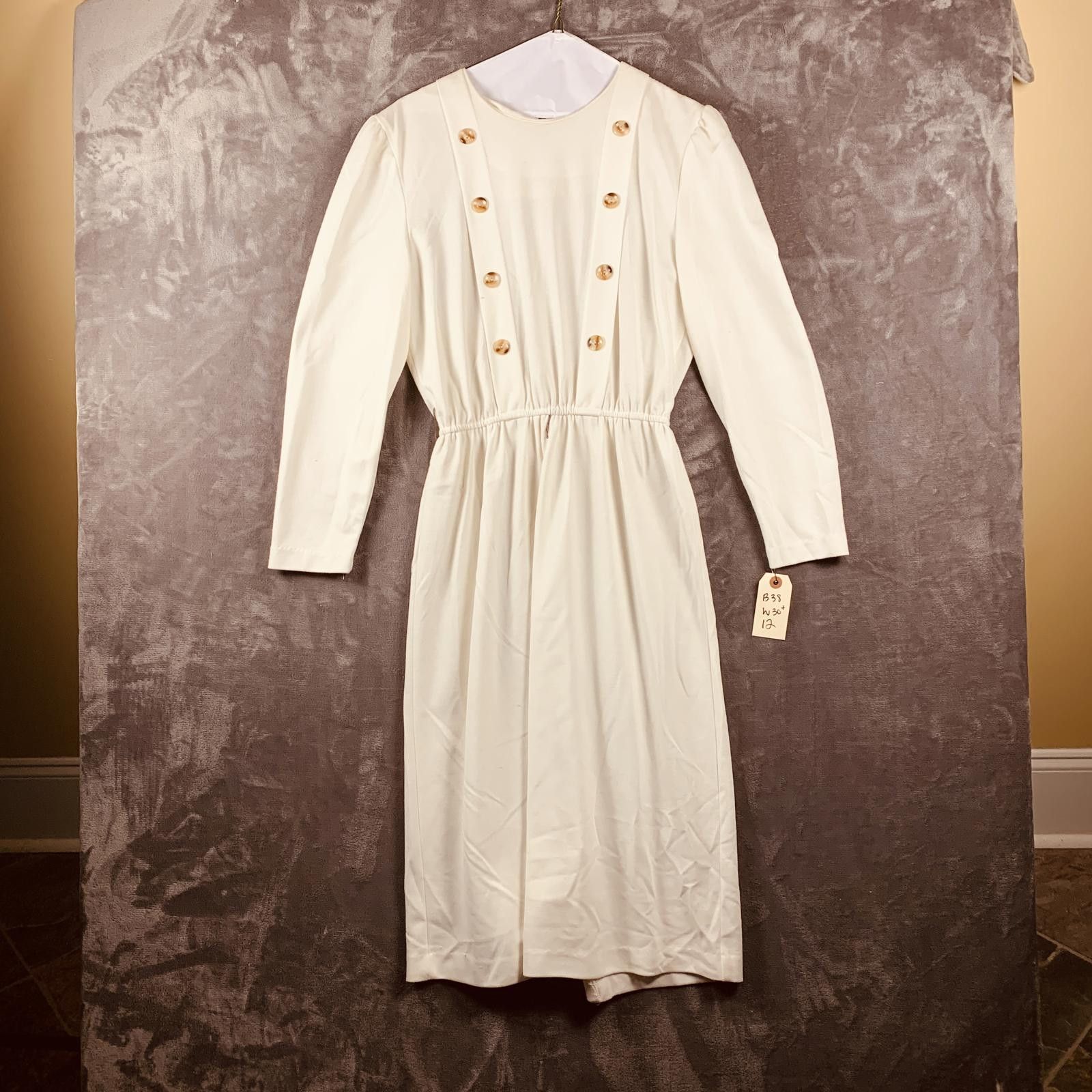Designer Vintage Periwinkle Cream LS Wool Midi Dress w Button DTL 382 Size XL / US 12-14 / IT 48-50 - 1 Thumbnail