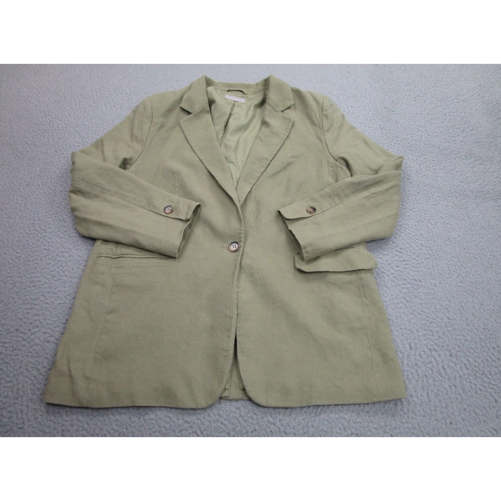 H&M H&M Blazer Mens L Linen Jacket Coast Travel Preppy Notch Lapel Slim 2 Piece Olive Green/Olive Beige Green Solid Size 42R - 2 Thumbnail