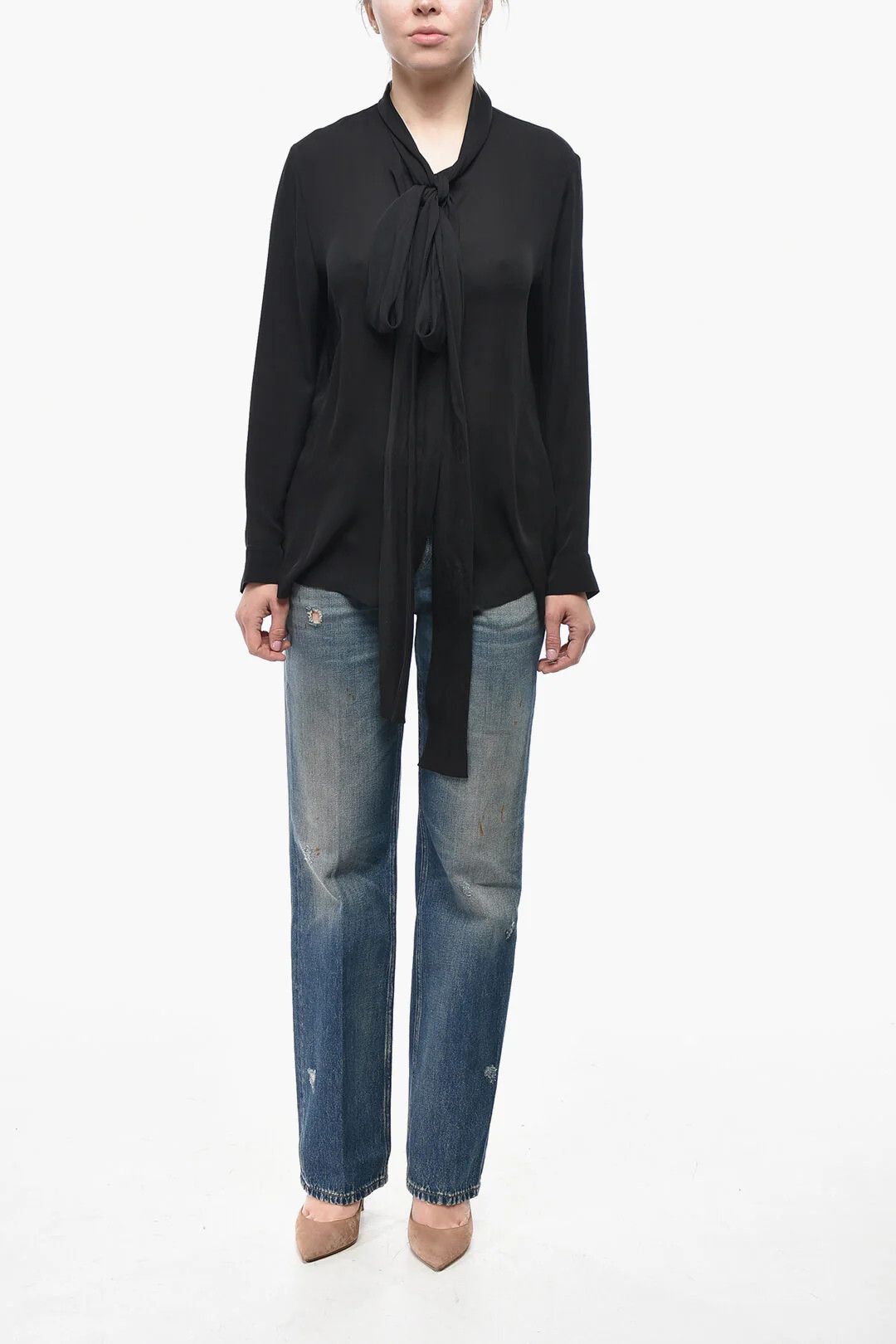 KHAITE og1mm0426 Silk Chiffon Tie Neck Shirt in Black Size L / US 10 / IT 46 - 4 Thumbnail
