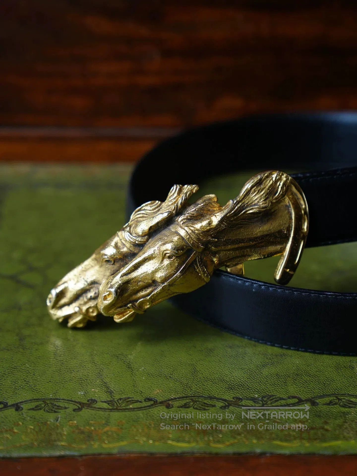 Gucci Black Belt with Gold Double Horse Head Buckle. Size ONE SIZE - 1 Thumbnail