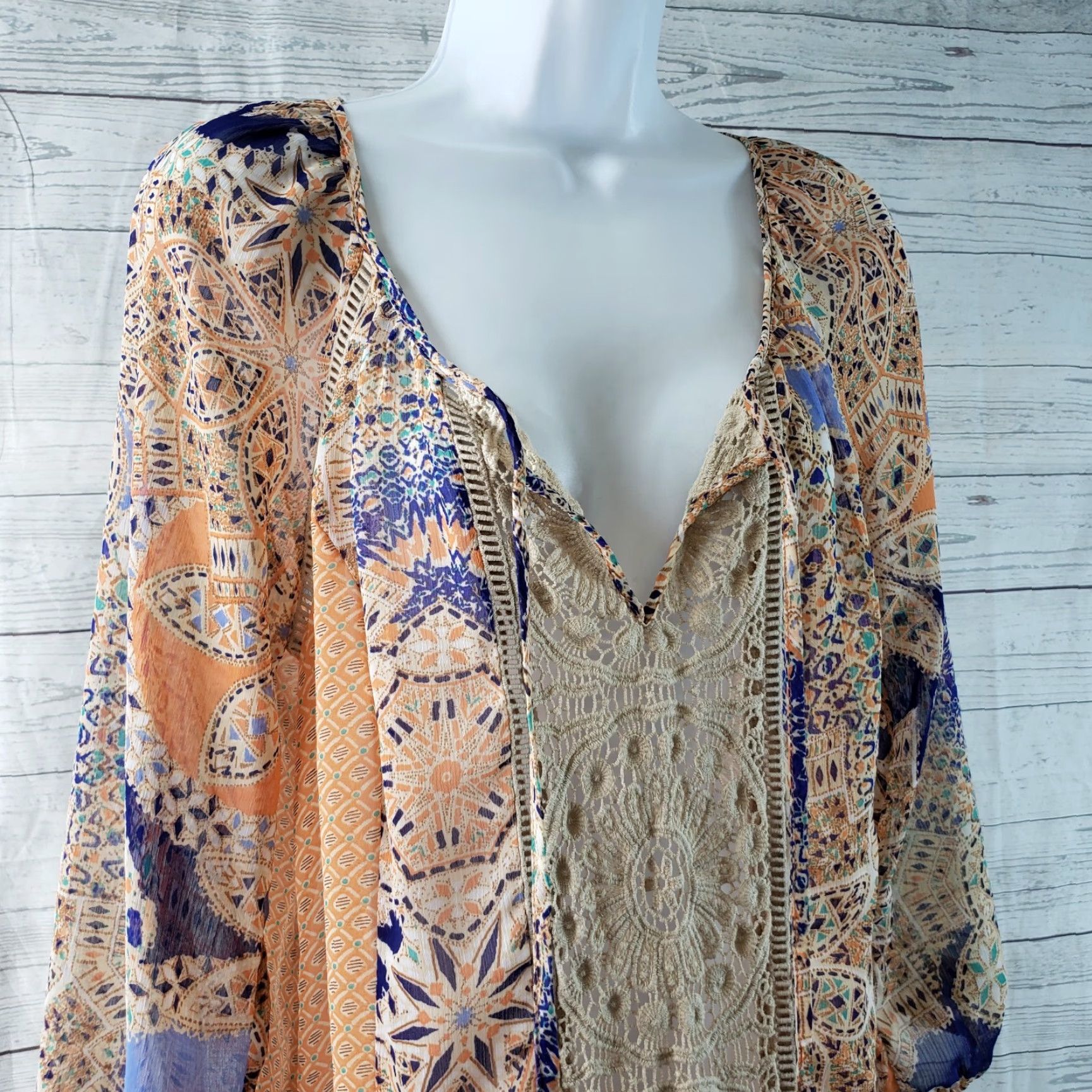 Vintage Meadow Rue Womens Top Blouse 3/4 Sleeve M Medium Orange Blue Floral Sheer Crochet Size M / US 6-8 / IT 42-44 - 2 Thumbnail