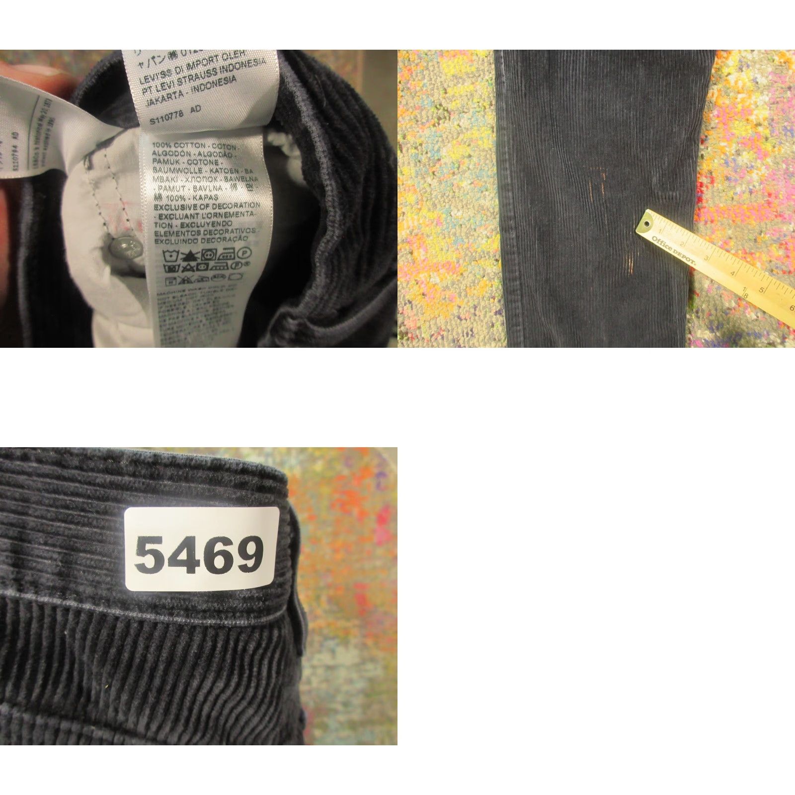 Levi's Levi's Corduroy Pants Mens 31x30 Black Cotton Straight Leg Mid Bleach Stain Size US 31 - 9 Thumbnail