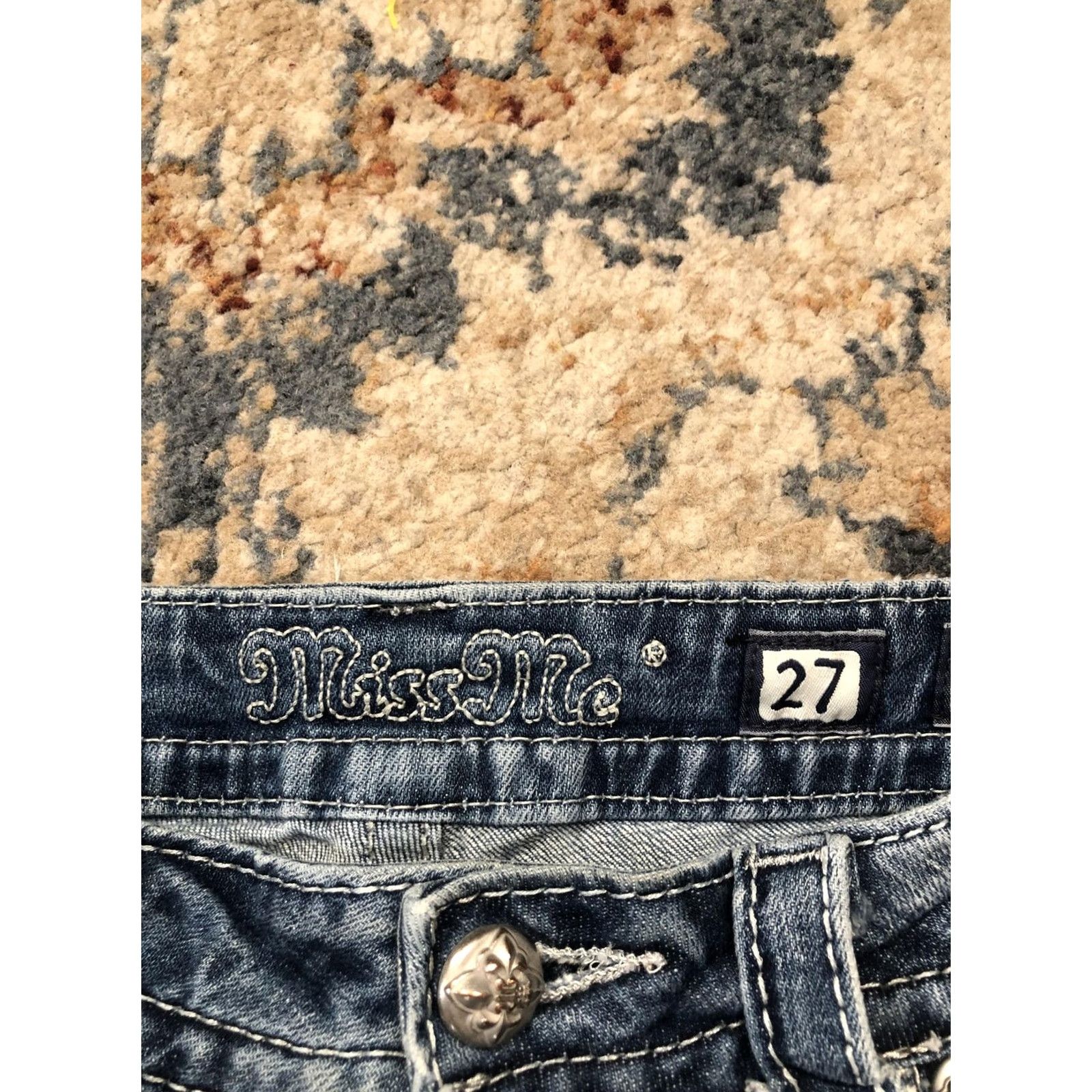 Miss Me Miss Me Jeans Womens 27 Blue Signature Bootcut Denim Back Pockets Embellished Rhinestone Studded Distressed Pockets Light Wash Leather? Size 27" / US 4 / IT 40 - 6 Thumbnail