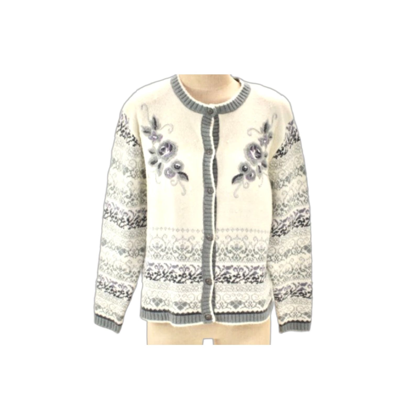 Vintage Koret Petites Cardigan Sweater Women's Medium Nordic Design Embroidered Floral Vintage Size M / US 6-8 / IT 42-44 - 1 Thumbnail