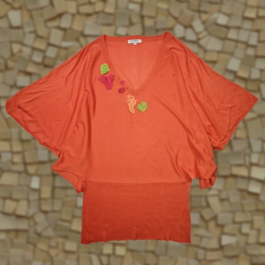 Vintage Les Petites Jumper Orange 10 UK V-Neck 3/4 Sleeve Silk Cotton Knit Pullover Top Womens Size L / US 10 / IT 46 - 1 Thumbnail
