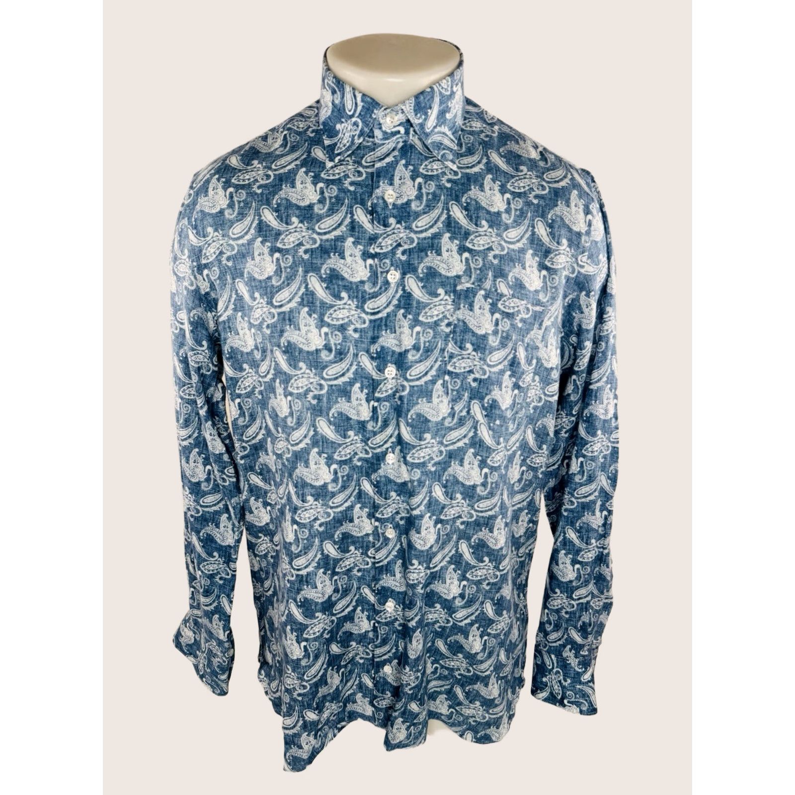 Vintage MAROL Italy LINEN Paisley Mens M/L Shirt Blue White Long Sleeve Button-Up Casual Shirt Men's VINTAGE? Size US L / EU 52-54 / 3 - 1 Thumbnail