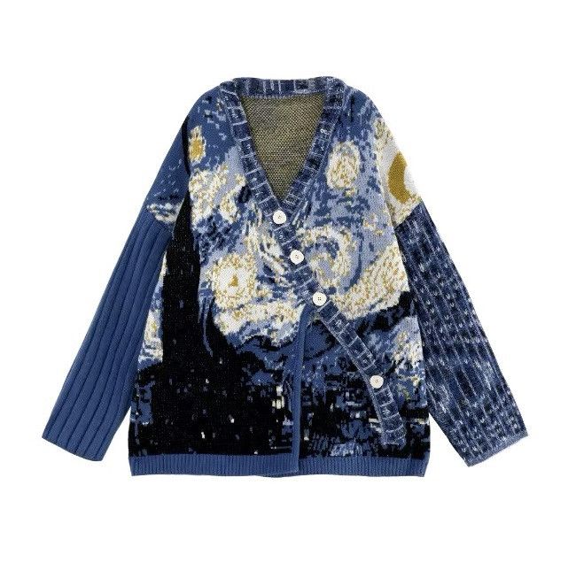 Designer × Other Knitted V-neck Van Gogh Star Sky Night Loose Sweater Size M / US 6-8 / IT 42-44 - 1 Thumbnail