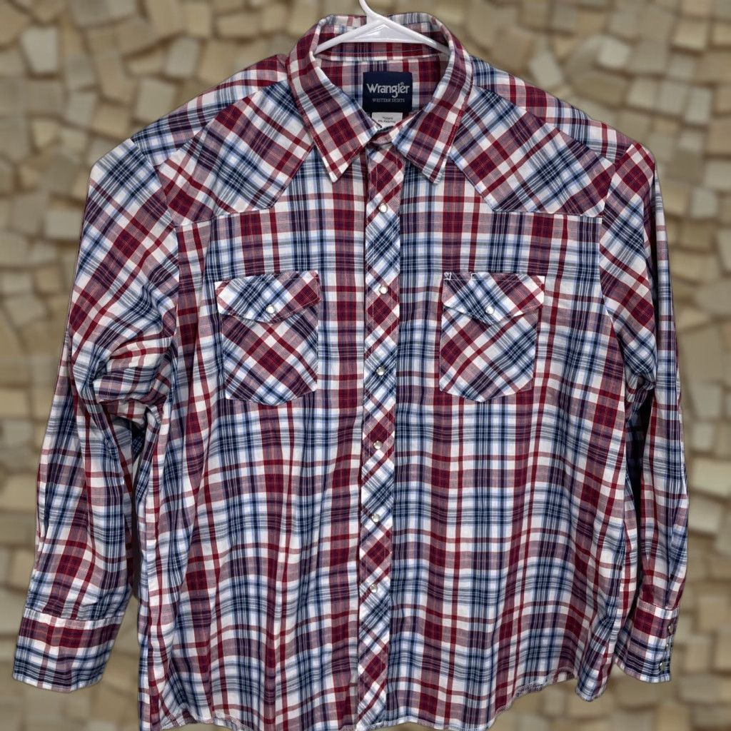 Wrangler Wrangler Shirt 2XL Red Blue White Plaid Western Rodeo Pearl Snap Button Cowboy Shirt Mens 2XL Red Plaid Western Wear Wrangler Size US XXL / EU 58 / 5 - 1 Thumbnail