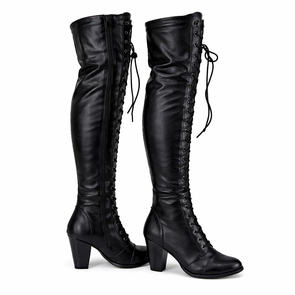 Other Ren Black Vegan Leather Lace Up Western OTK Boots 3.25" Heel Size US 7.5 / IT 37.5 - 2 Thumbnail