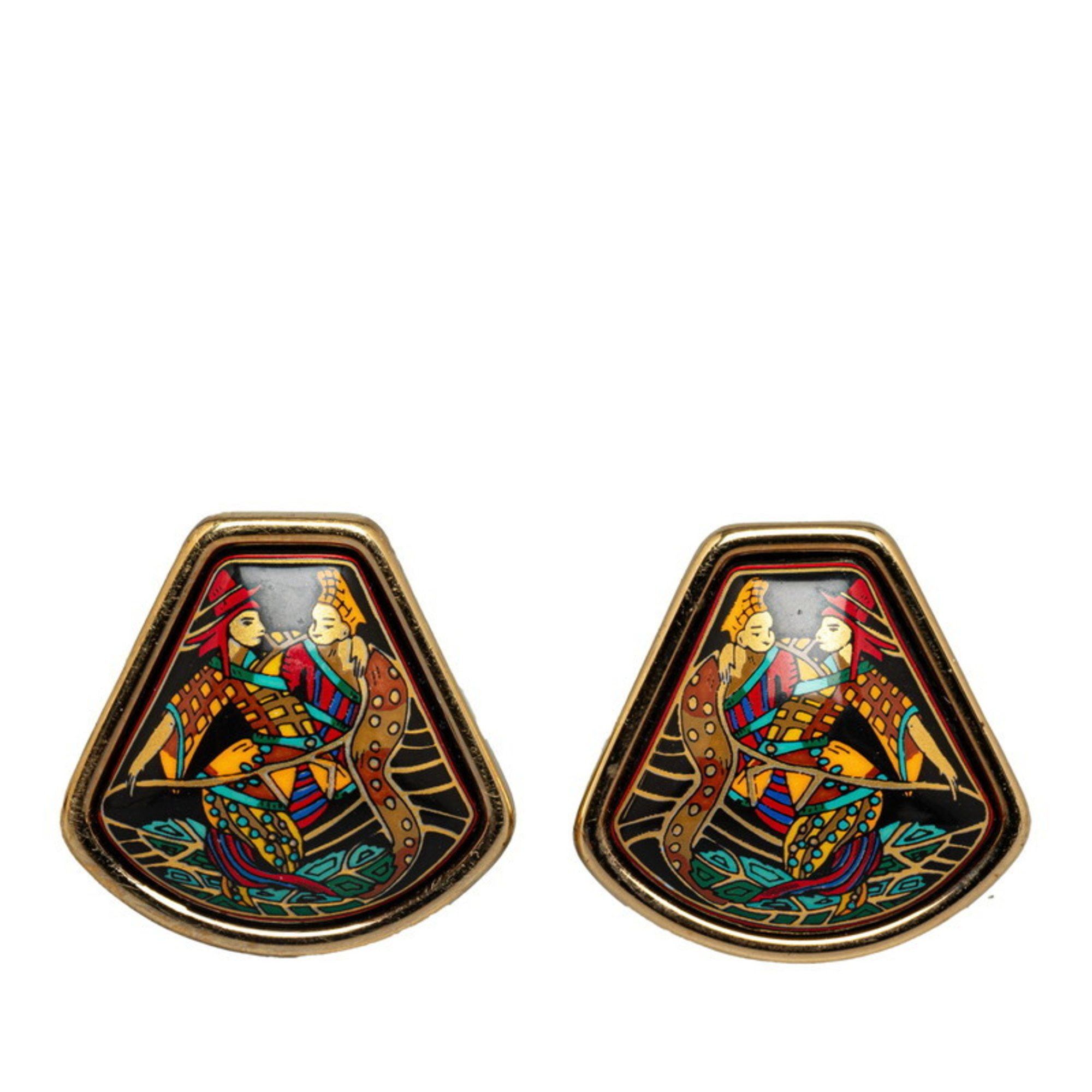image of Hermes Enamel Cloisonné Fan-Shaped Chinese Earrings Gold Multi-Color Plated For Women Hermes