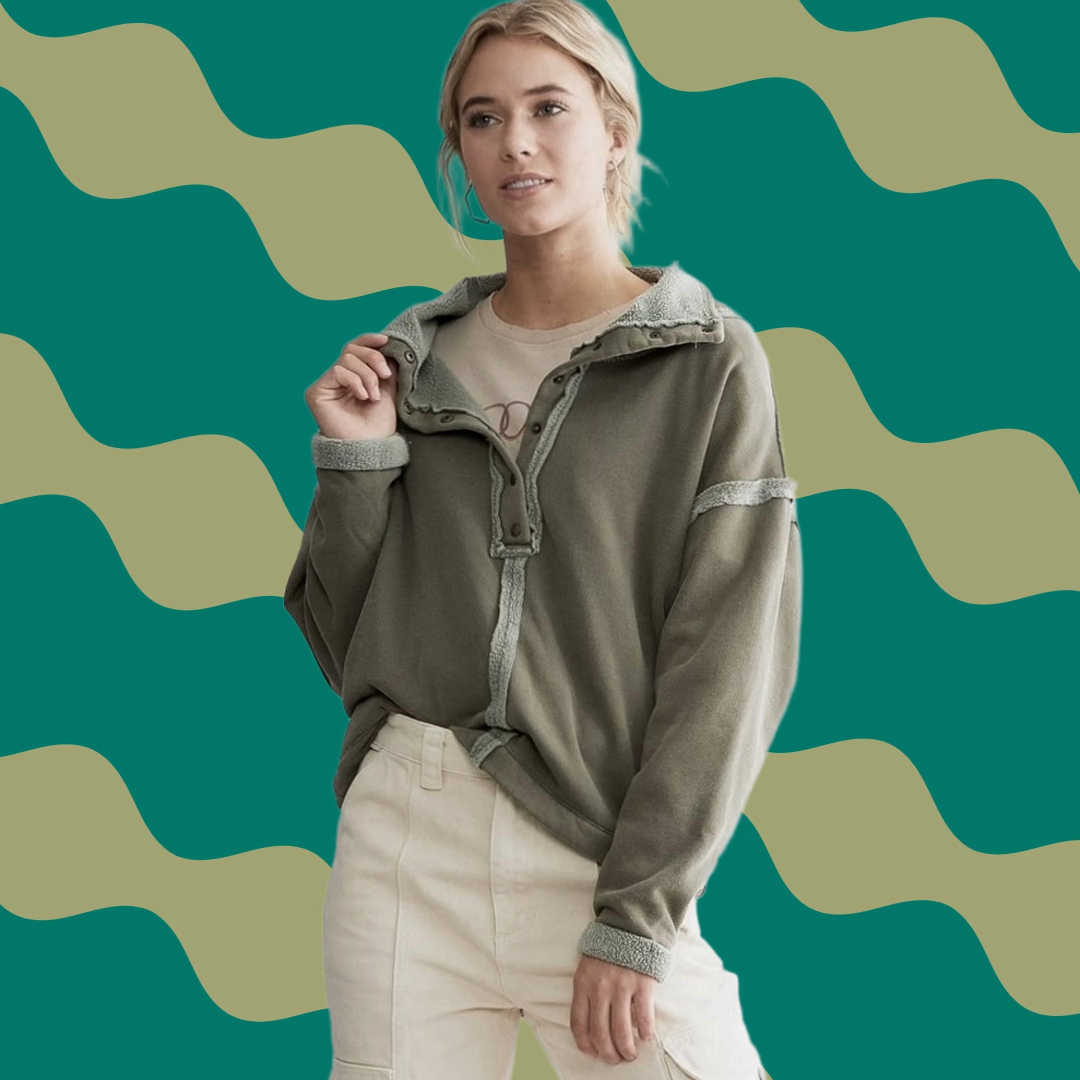 Vintage Buckle Women Pullover Sweater Mock Neck 1/4 Snap Fleece Lined Washed Olive Green S Size S / US 4 / IT 40 - 1 Thumbnail