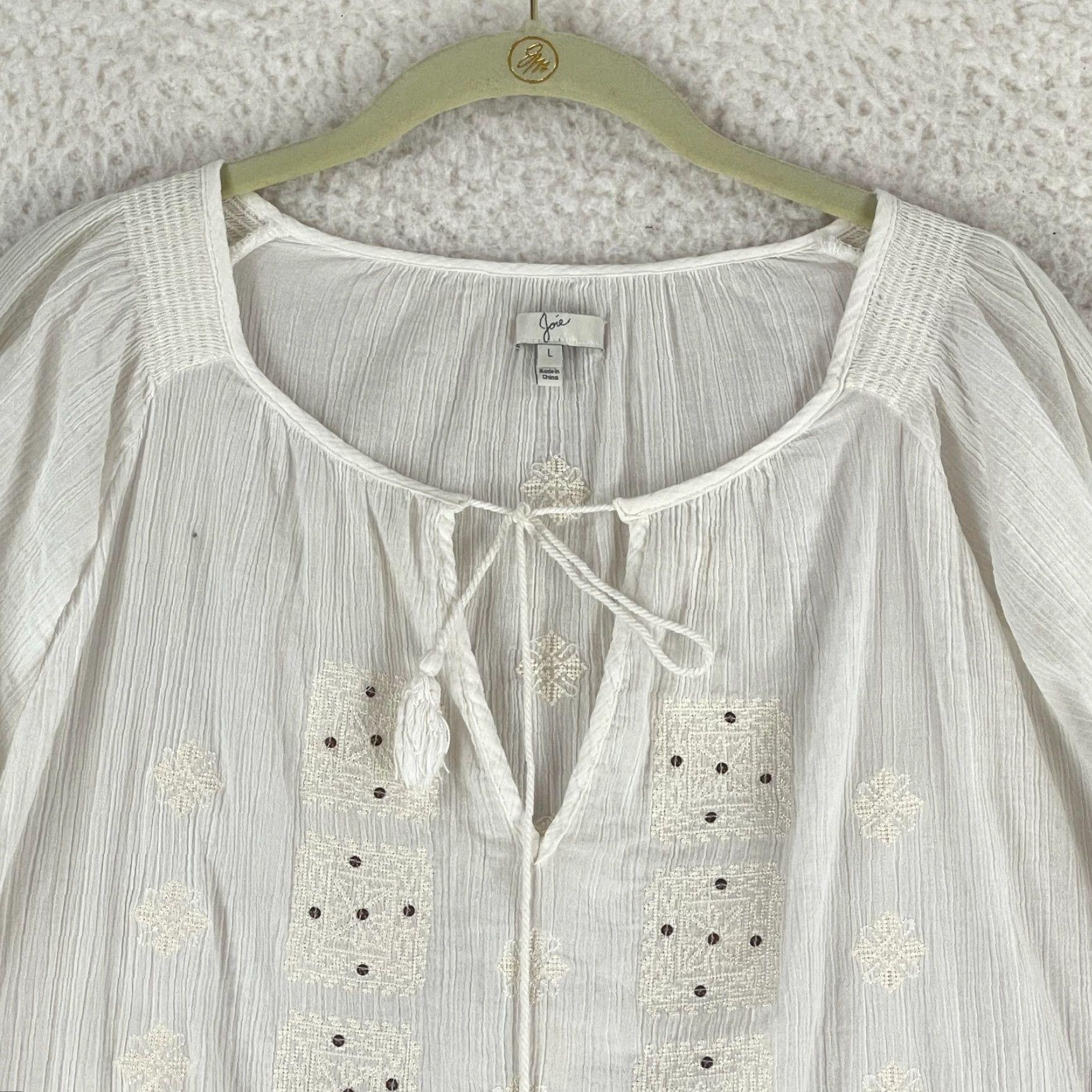 Joie Joie Shirt Womens Large White Embroidered Crepe Boho Long Sleeve Pullover V-Neck Size L / US 10 / IT 46 - 3 Thumbnail