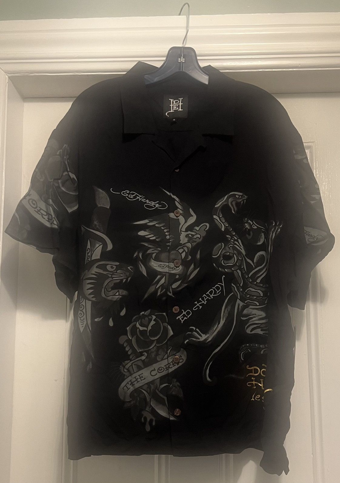 Ed Hardy Authentic Ed Hardy Woven Camp Shirt Black Grey XL The Corp Size US XL / EU 56 / 4 - 1 Thumbnail