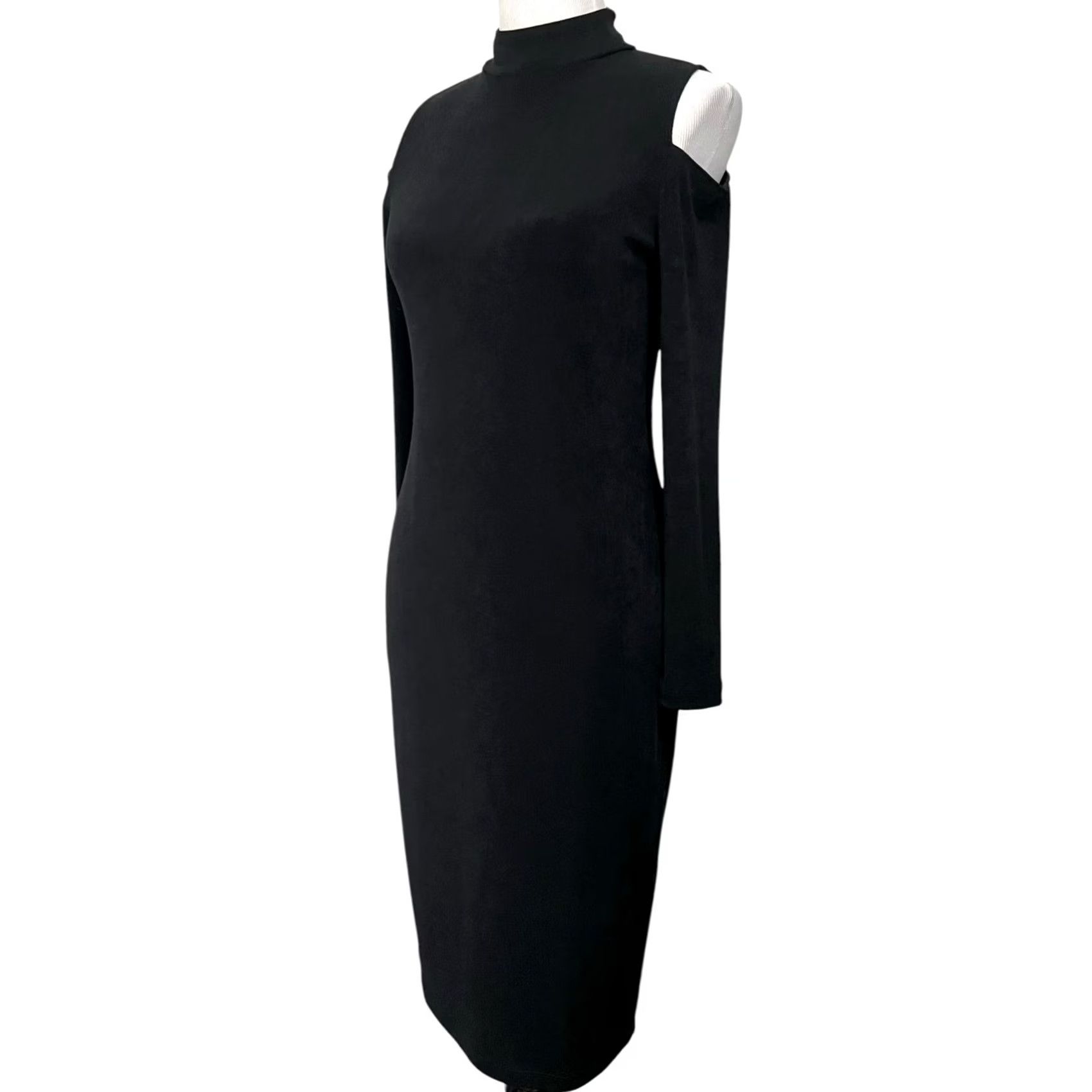 Vintage CHICO’S TRAVELERS Dress Black Slinky Knit Cold Shoulder Midi Womens S Small Illusion: 0 Size S / US 4 / IT 40 - 4 Thumbnail
