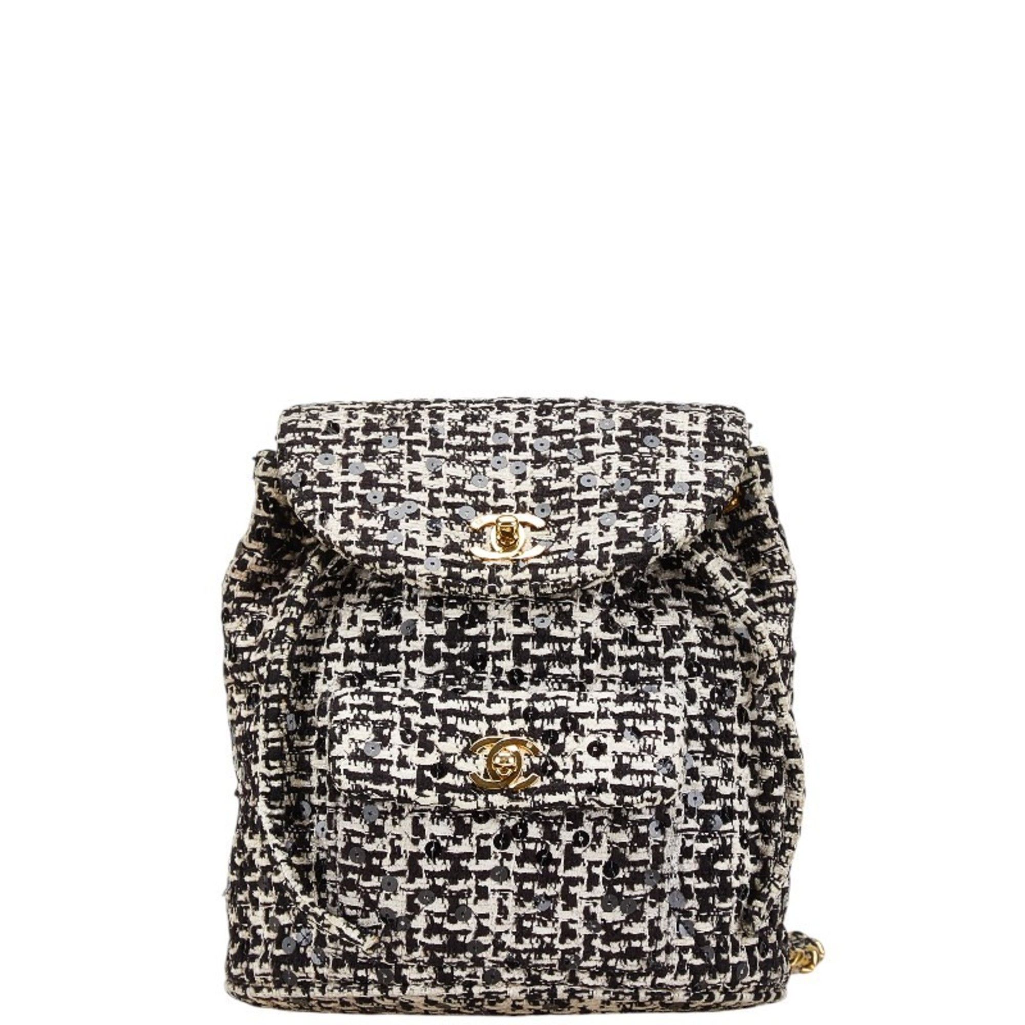 Chanel Chanel Matelasse Coco Mark Gold Hardware Chain Backpack Black White Tweed Sequins Women's CHANEL Size ONE SIZE - 1 Thumbnail