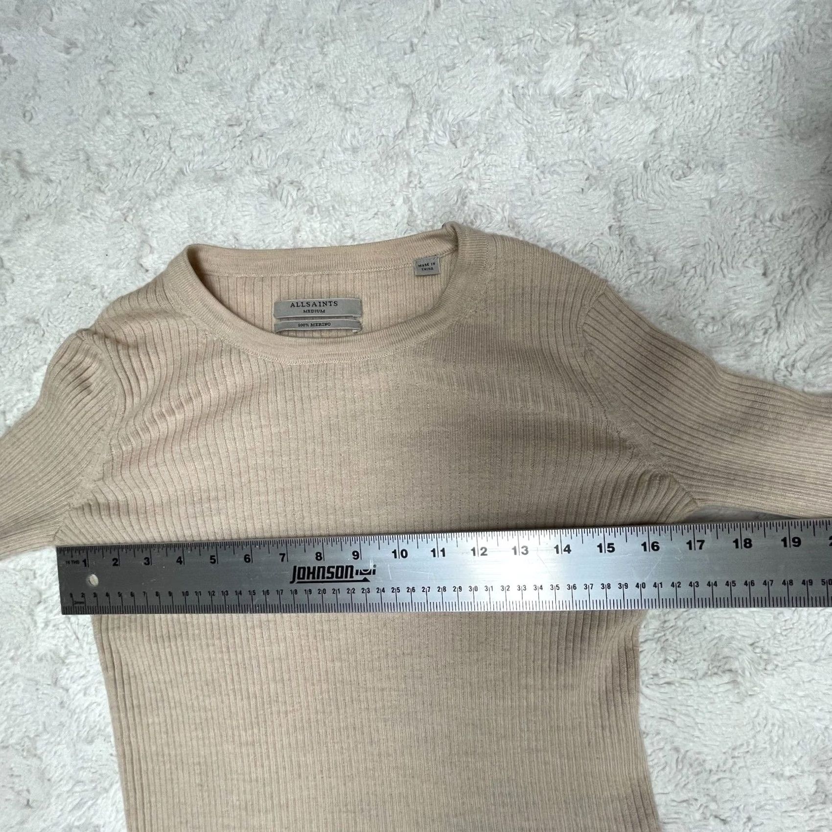 Allsaints Allsaints Keld Crew Neck Ribbed Merino Wool Asymmetric Sweater Tan Medium Women’s Knit Long Sleeve Slim Pullover Size M / US 6-8 / IT 42-44 - 6 Thumbnail