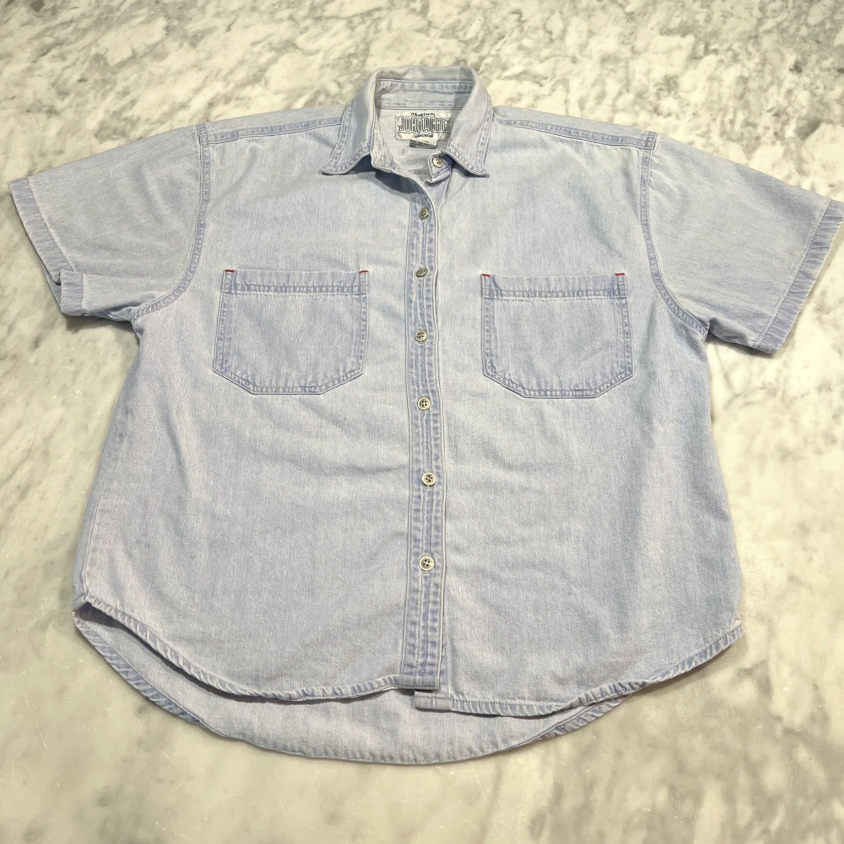 Jordache VINTAGE Jordache Jeanwear Short Sleeve Button Up Denim Cotton Women M Blue 90s Western Pockets Collared Button Classic Shirt Size 32" / US 10 / IT 46 - 2 Thumbnail