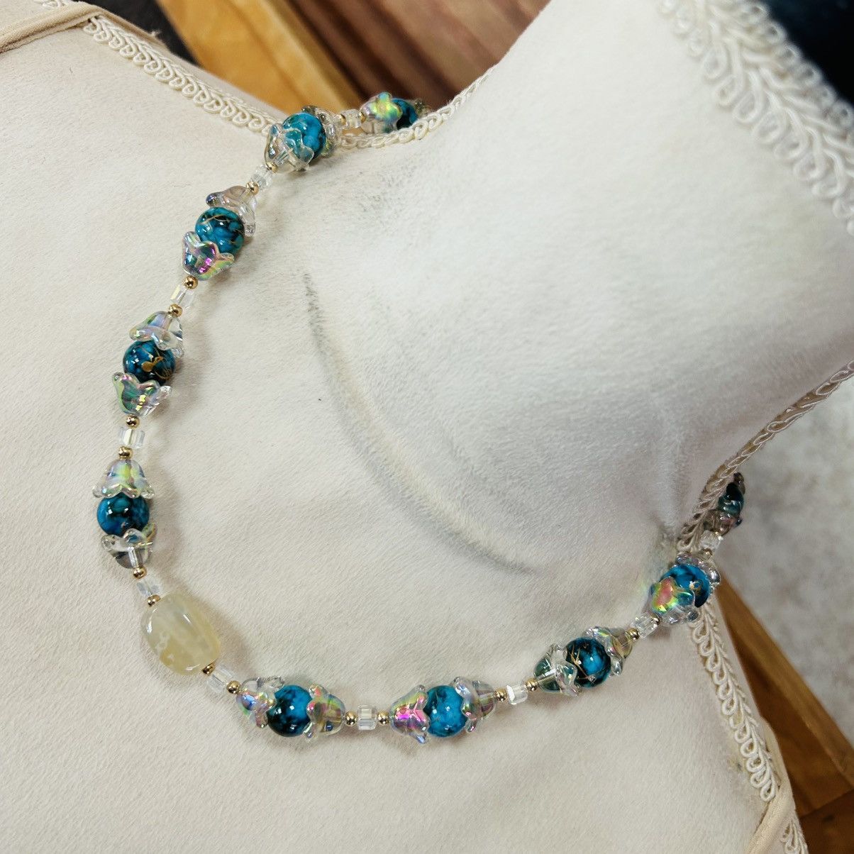 Handmade Handcrafted blue tone art glass bead crystal necklace Size ONE SIZE - 1 Thumbnail