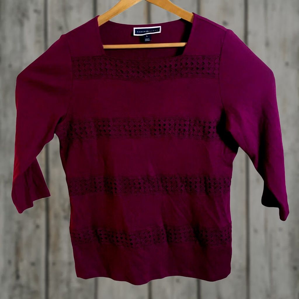 Vintage Karen Scott Top Womens L Square-Neck Lace-Stripe 3/4 Sleeve Cotton Purple Womens, L, Cotton, Karen Scott, Top, Casual Size L / US 10 / IT 46 - 1 Thumbnail