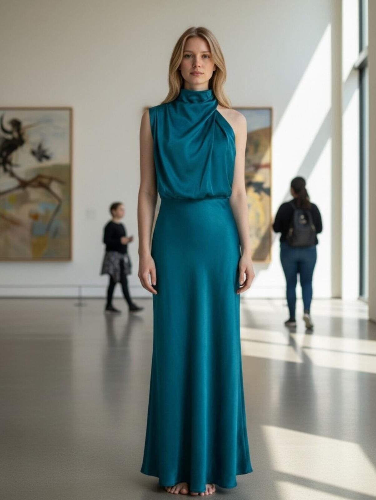 Other Teal Satin High-Neck Sleeveless Maxi Dress Size L / US 10 / IT 46 - 7 Thumbnail