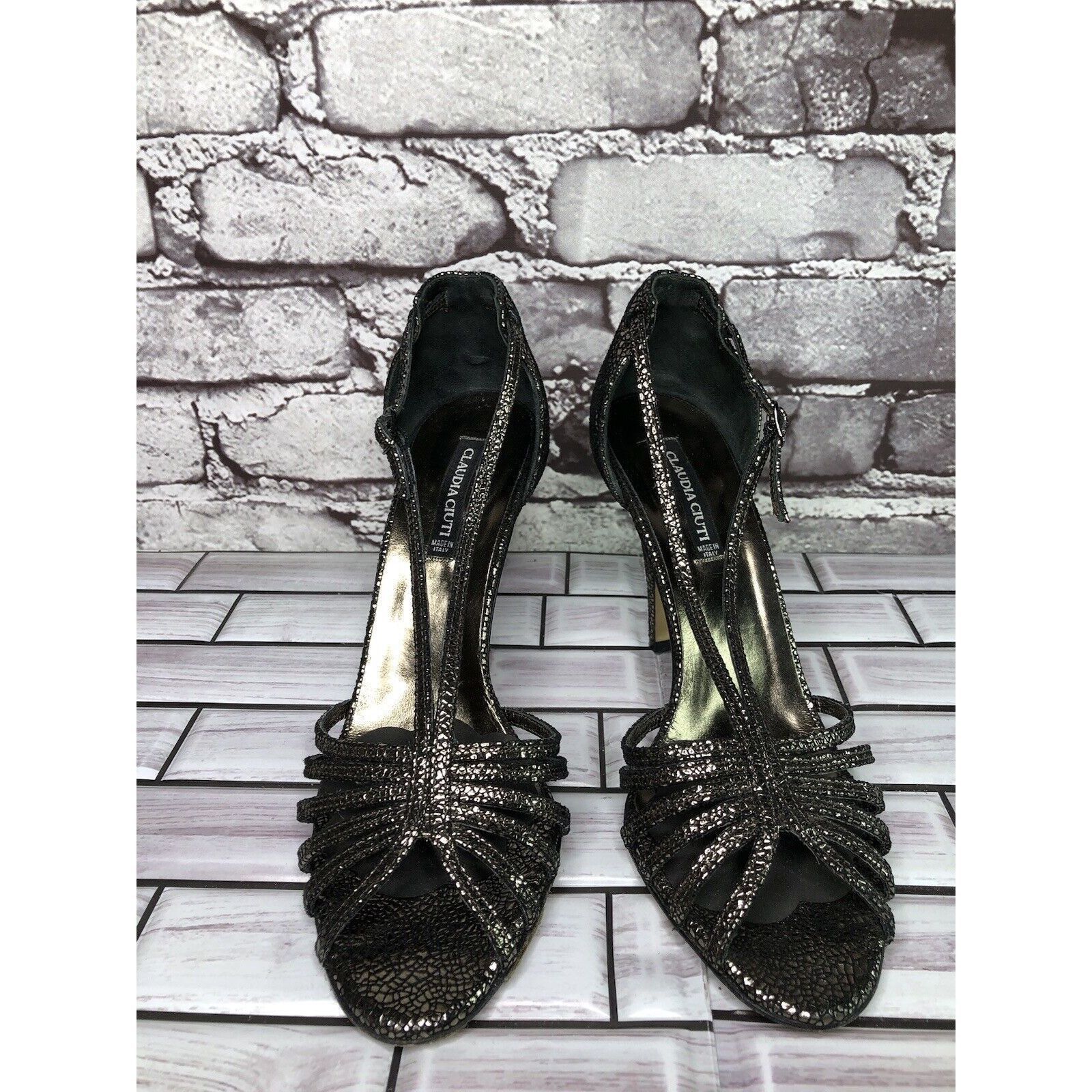 Other Claudia Ciuti Pewter Leather Cracked Ankle Strap Dress Heels Size US 7 / IT 37 - 17 Thumbnail