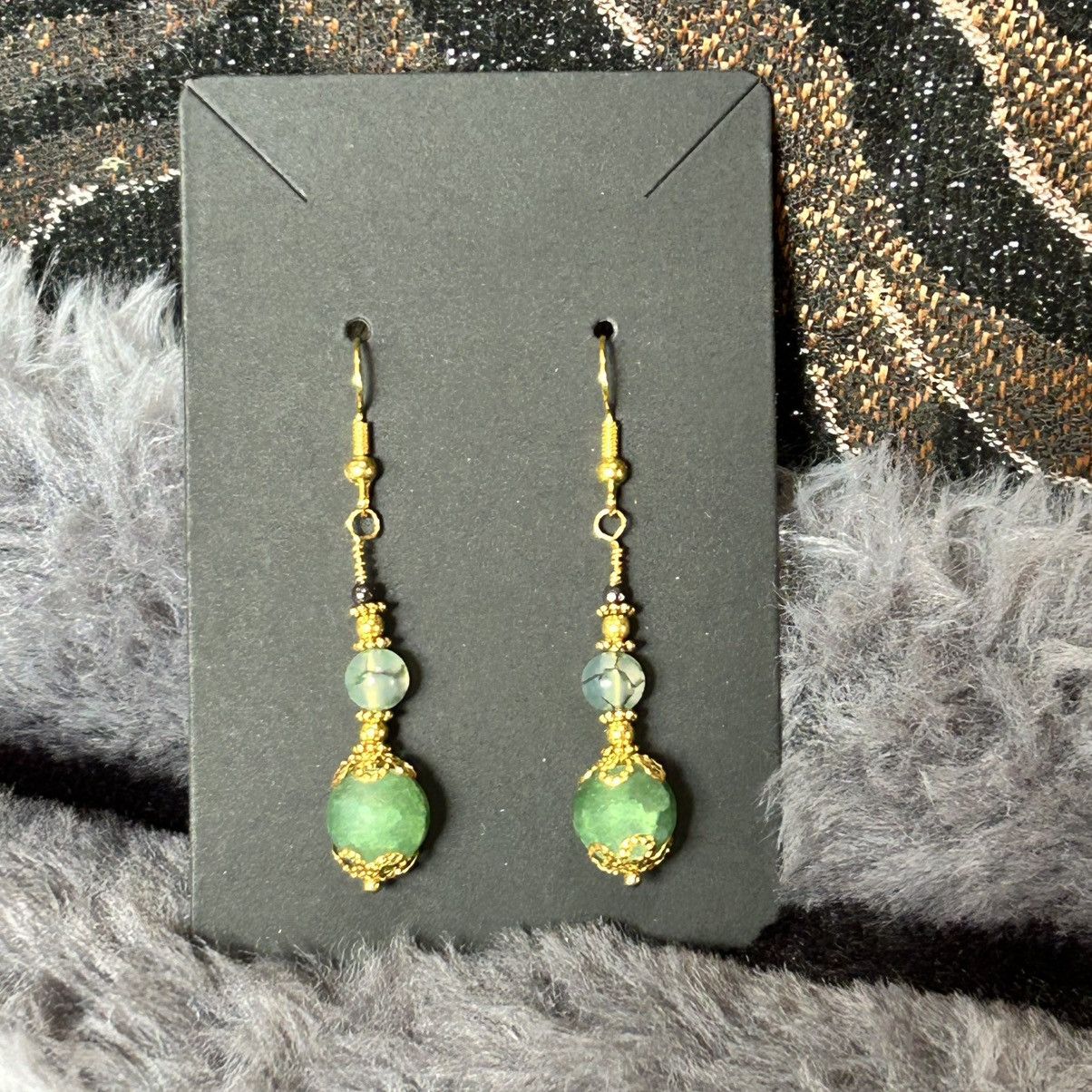 Handmade Handcrafted green crackle glass dragon vein agate earrings Size ONE SIZE - 3 Thumbnail
