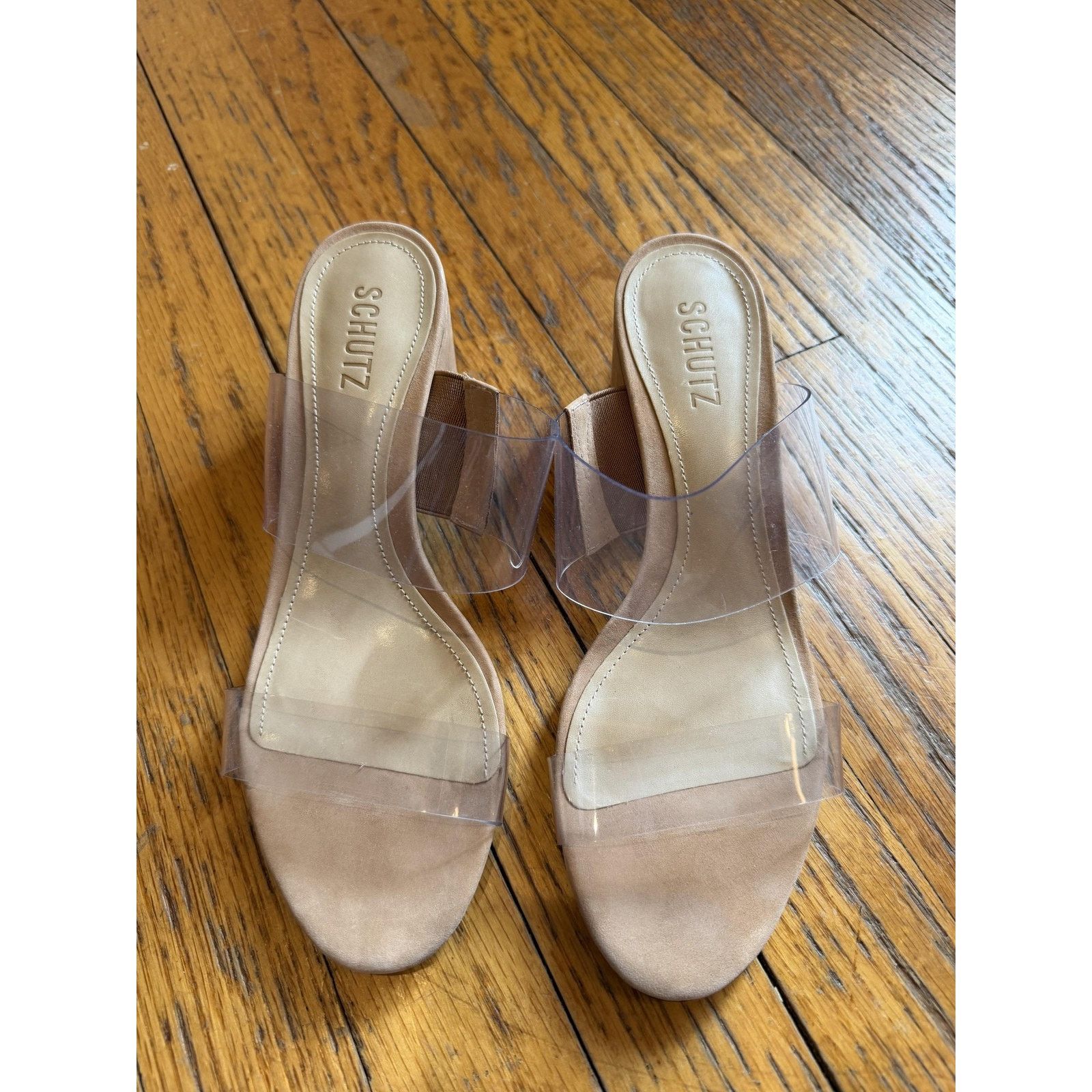 Schutz Victorie Shoes Size 9B Beige Clear Block Heel Sandals
