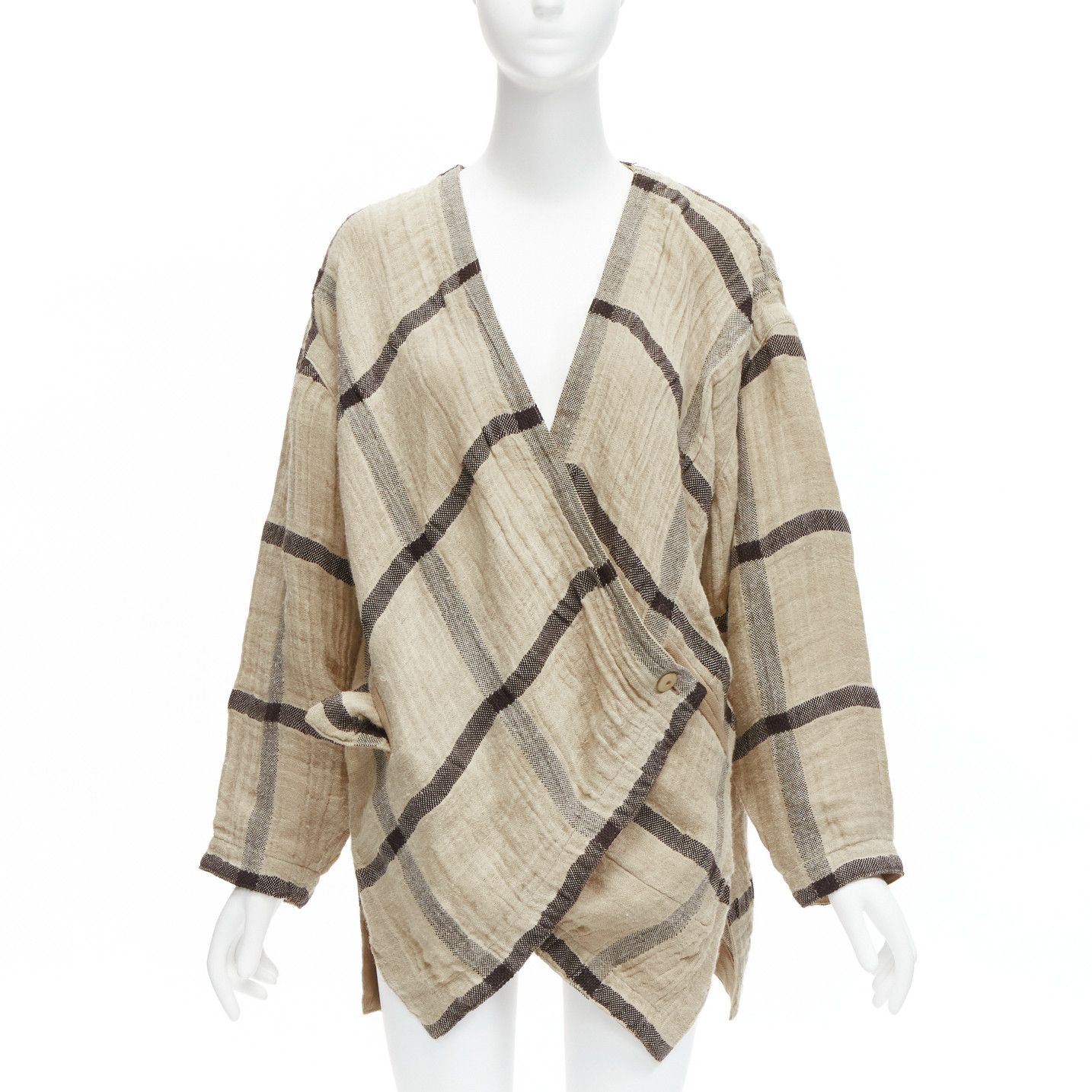 Issey Miyake ISSEY MIYAKE 1980s Vintage beige black check wrap front oversized crinkle coat JP9 Size ONE SIZE - 1 Thumbnail