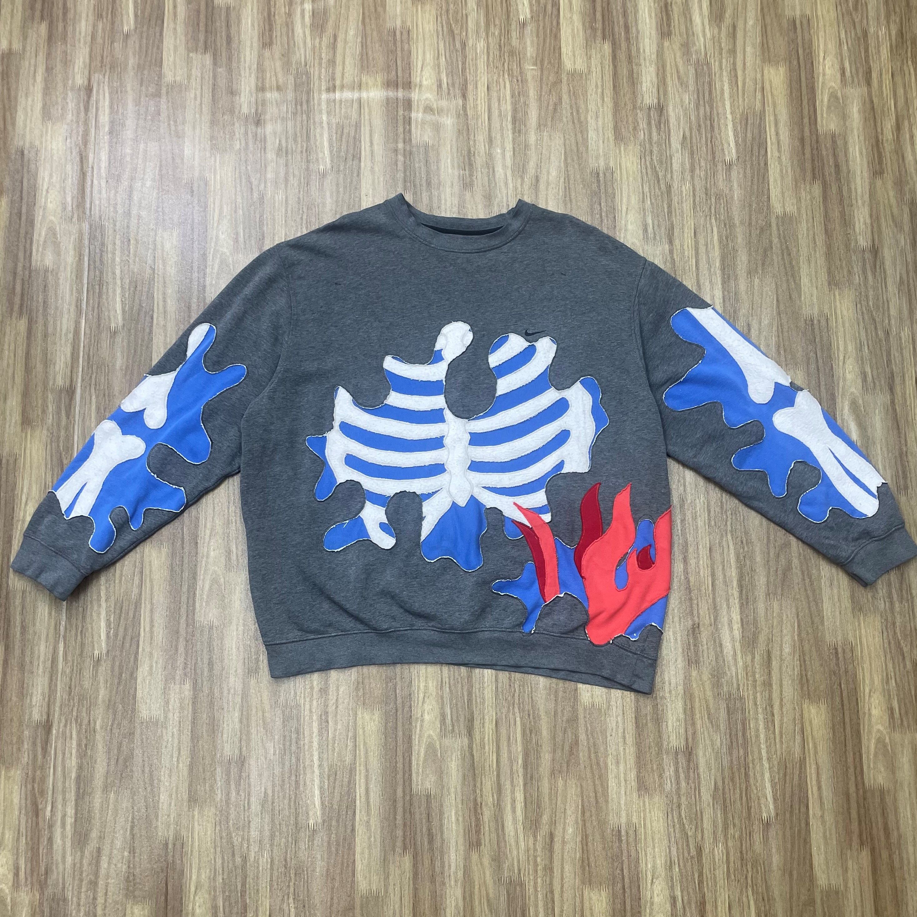 Vintage Custom Reworked Nike Skeleton Flame Patchwork Crewneck 1of1 Size US XXL / EU 58 / 5 - 1 Thumbnail