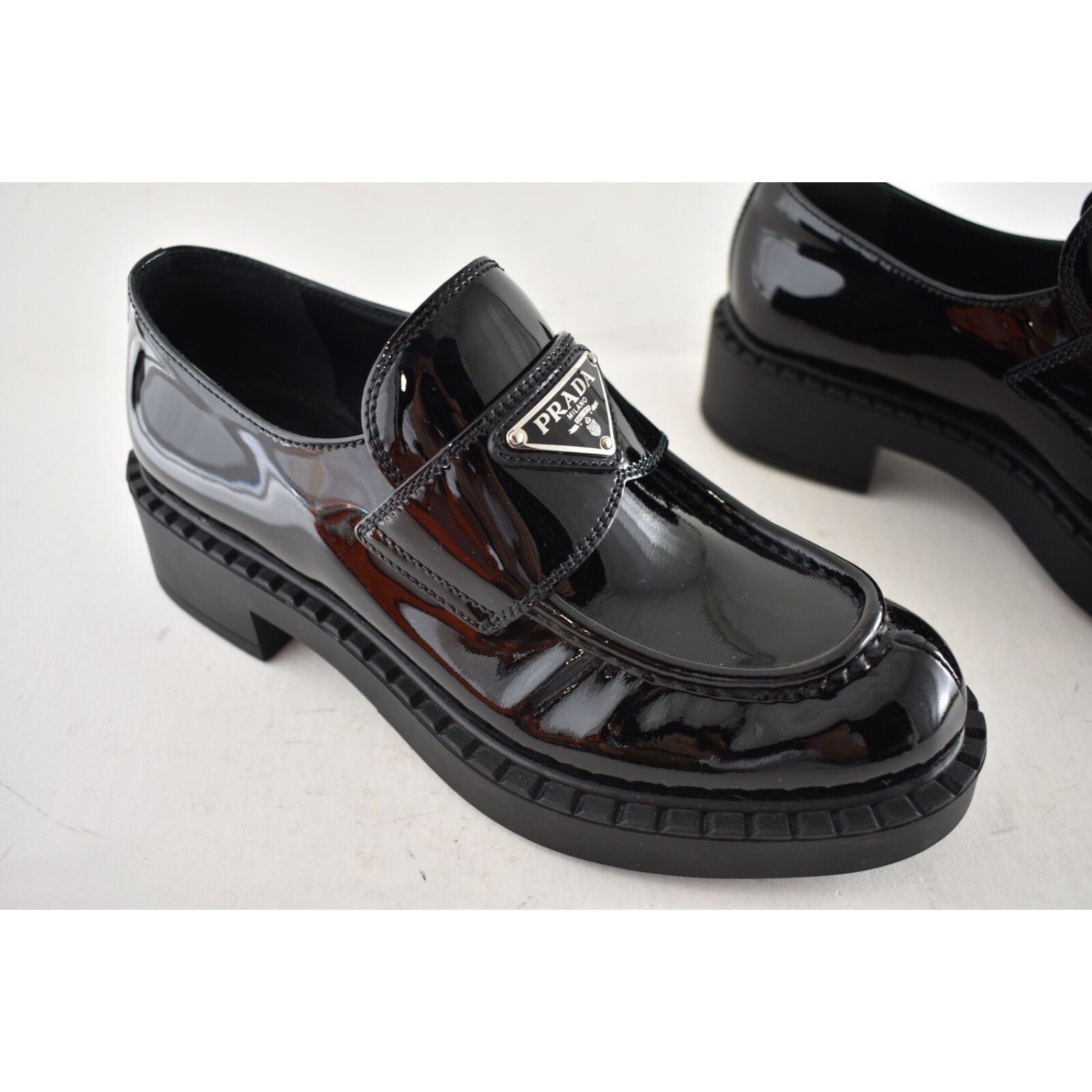 Prada Prada Chocolate Black Patent Leather Silver Logo Platform Size US 6 / IT 36 - 6 Thumbnail