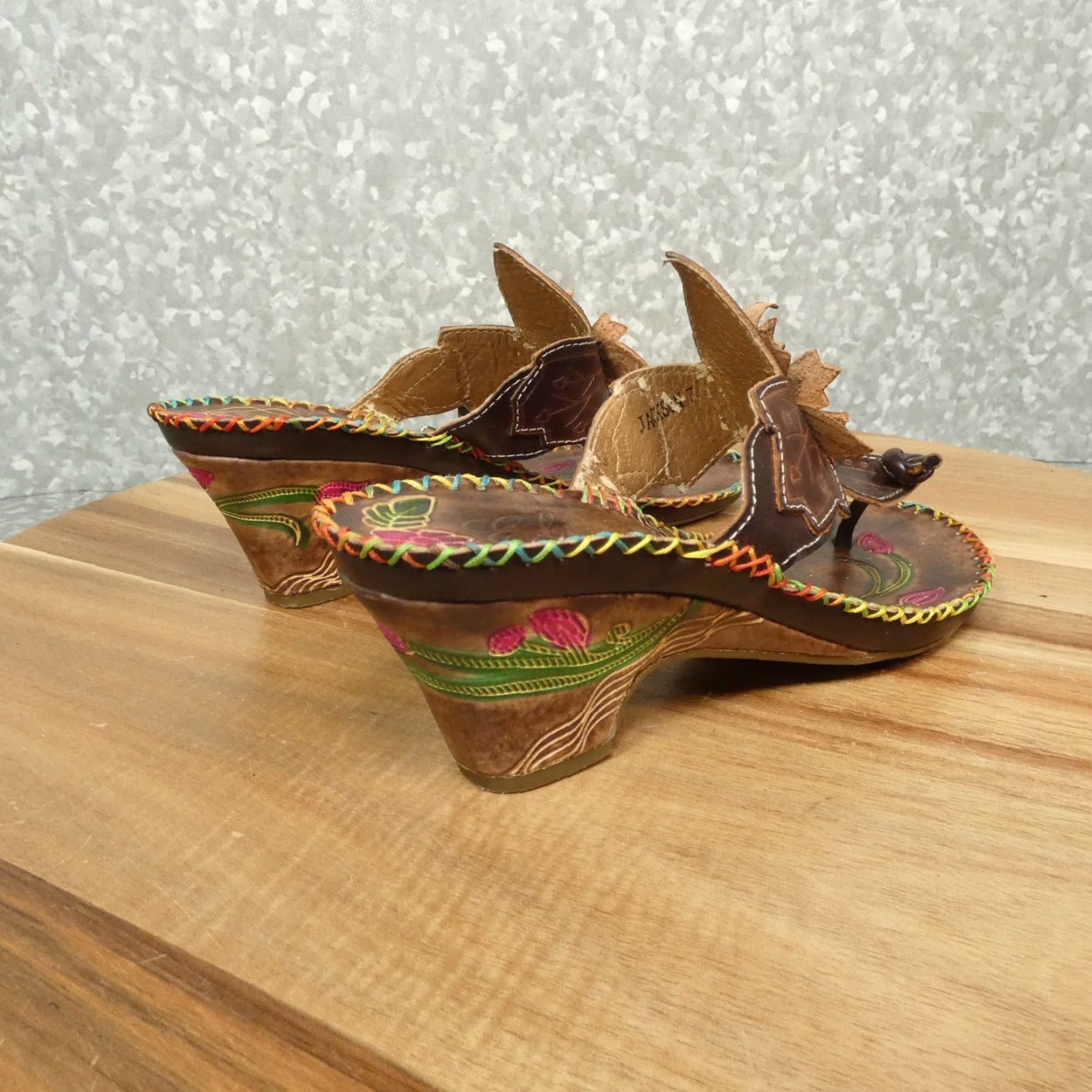 Vintage Corky's Elite Sandals Womens 7 Brown Red Leather Thong Size US 7 / IT 37 - 3 Thumbnail