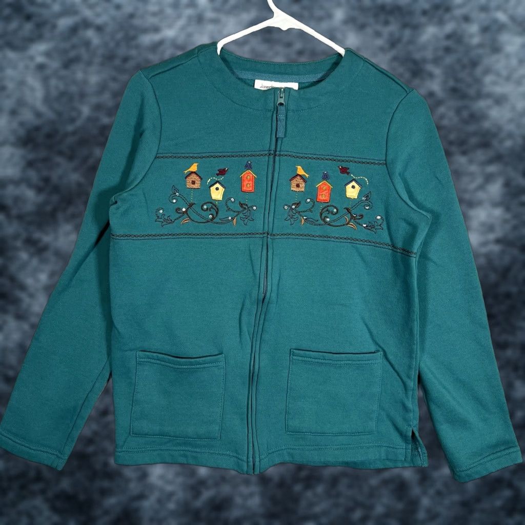 Altea VINTAGE Breckenridge Embroidered Bird House Full Zip Sweater Womens Small Teal Green Size S / US 4 / IT 40 - 1 Thumbnail