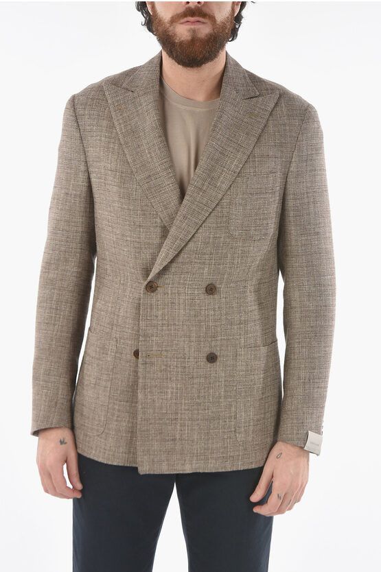 image of Corneliani Side Vents Peak Lapel Double-Breasted Blazer in Beige/Grigio, Men's (Size Large)