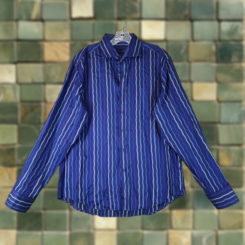 BUGATCHI VINTAGE Bugatchi Uomo Men's Long Sleeve Blue Striped Shirt Large Regular Fit Button Up Size US L / EU 52-54 / 3 - 1 Thumbnail