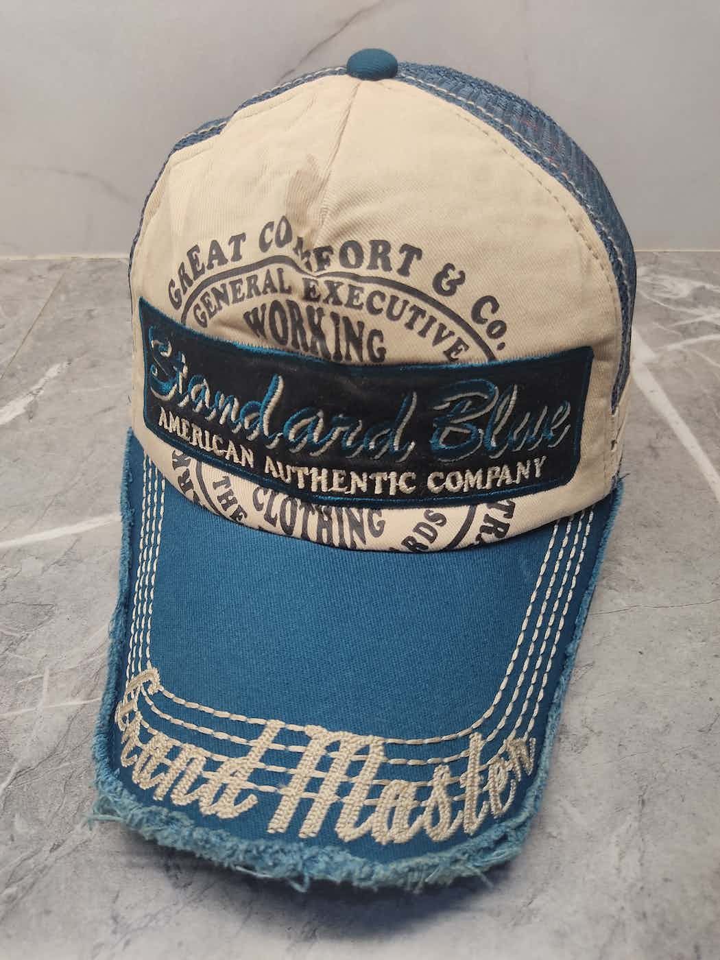 image of Vintage Standard Blue Distressed Style Trucker Hat Cap in Mix, Men's