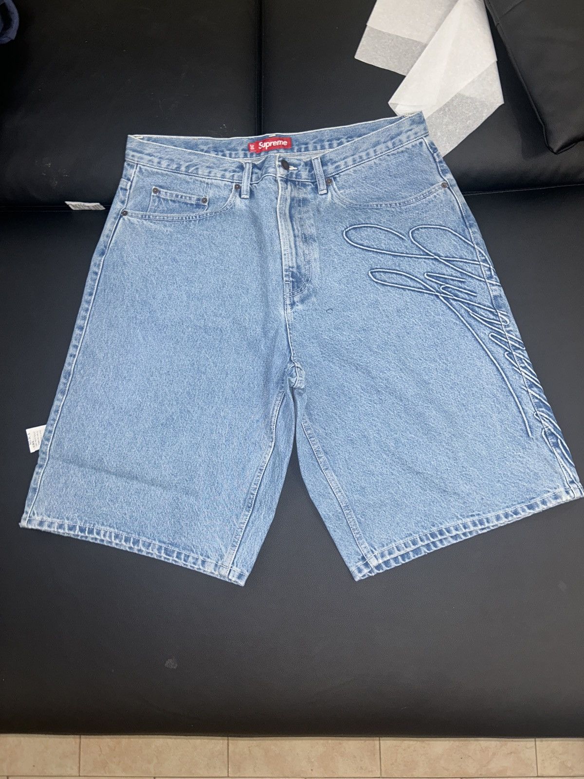 Image of Supreme Script Baggy Denim Shorts Indigo Washed Blue in Washed Indigo, Men's (Size 36)