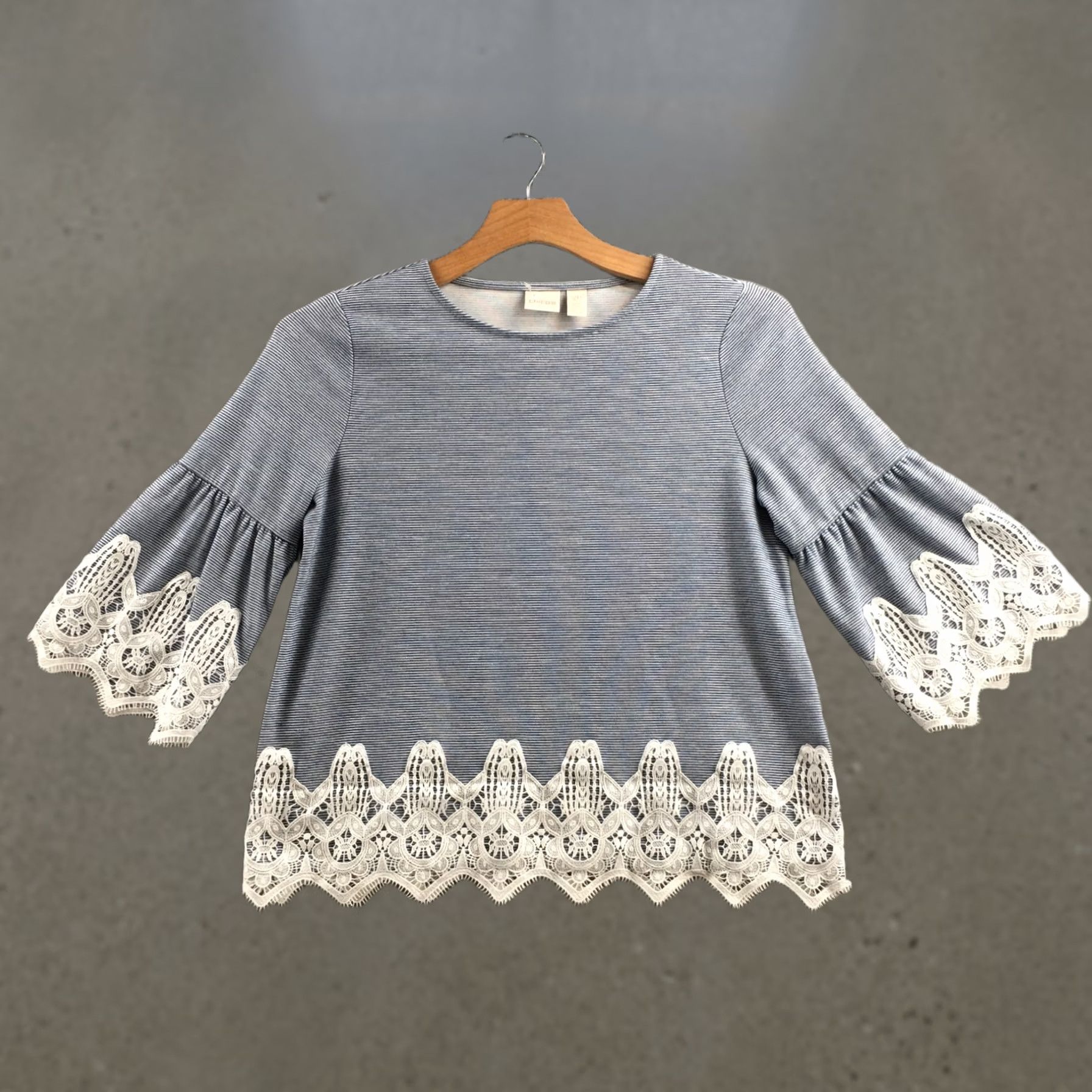 Vintage Chicos Blouse Top Womens 2P Petite Blue White Stripe Bell Sleeve Lace Hem Shirt Adult Regular Blue White Stripe Bell Sleeve Lace Hem Size XS / US 0-2 / IT 36-38 - 1 Thumbnail