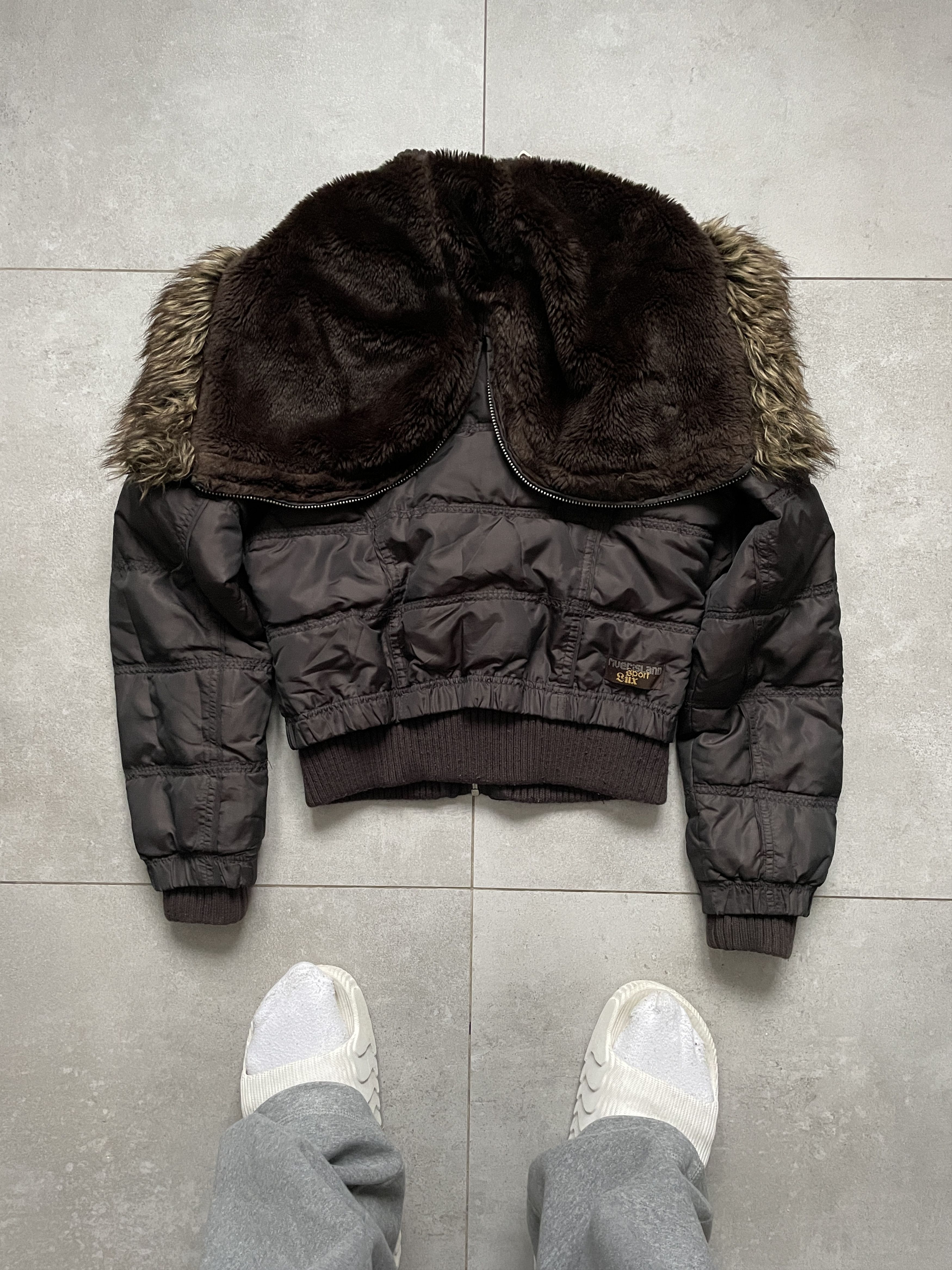 Y2K ARCHIVE 2-NB FAUX FUR HOODED BROWN BOMBER JACKET