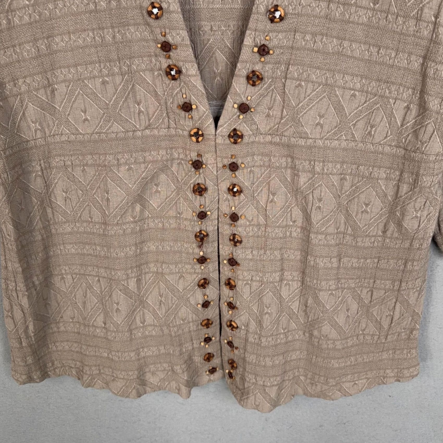 Soft Surroundings Soft Surroundings Cardigan Sweater Womens 1X Beige Jewel Button Geometric Knit V-Neck 3/4 Sleeve Open Front Casual Fall Winter Spring Womens Plus Size Size XL / US 12-14 / IT 48-50 - 3 Thumbnail