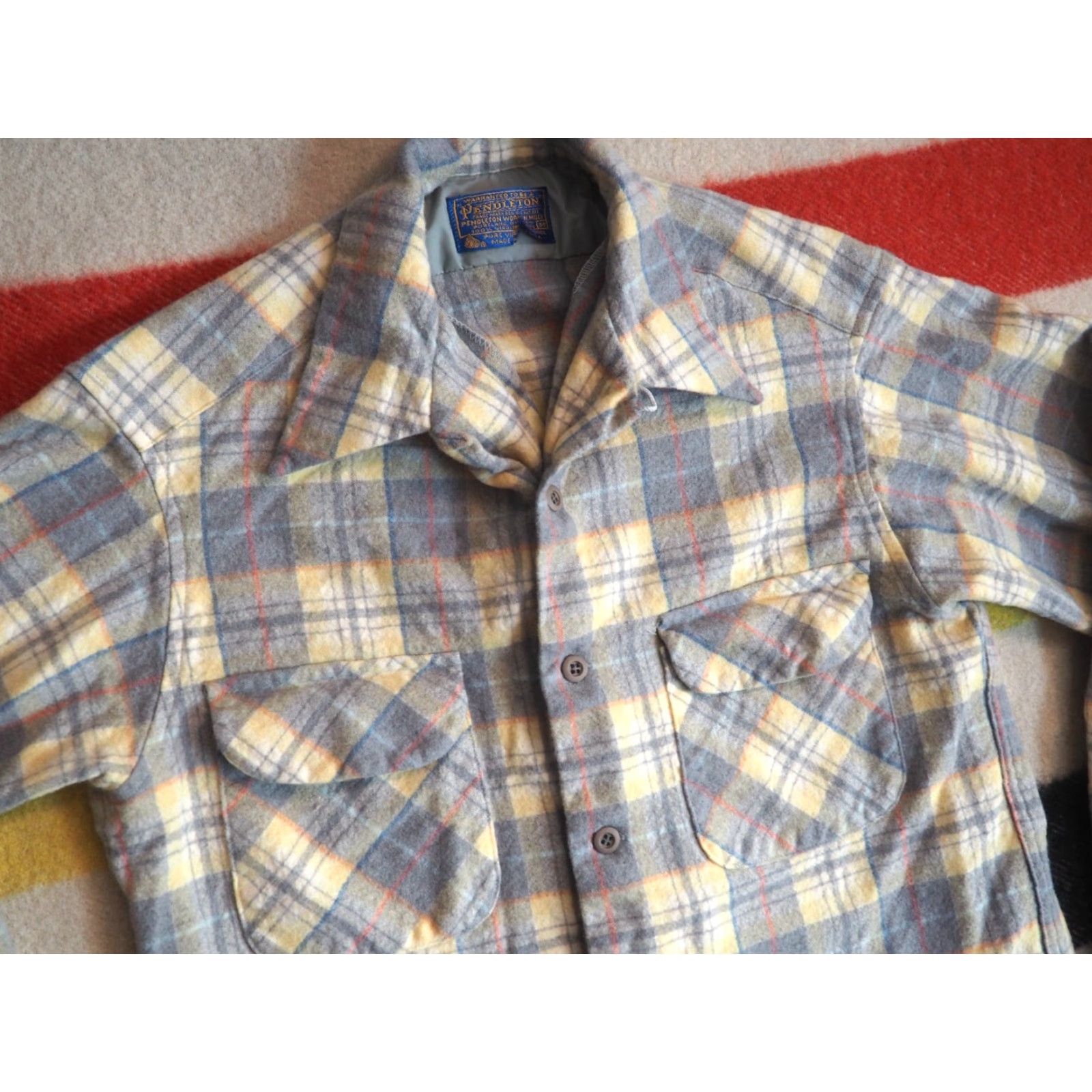Pendleton VTG Pendleton Wool Shirt Mens S 1960s 60s Yellow Gray Loop Flap Pocket Button-Front Wool Rockabilly USA Board Shirt Size US S / EU 44-46 / 1 - 2 Thumbnail