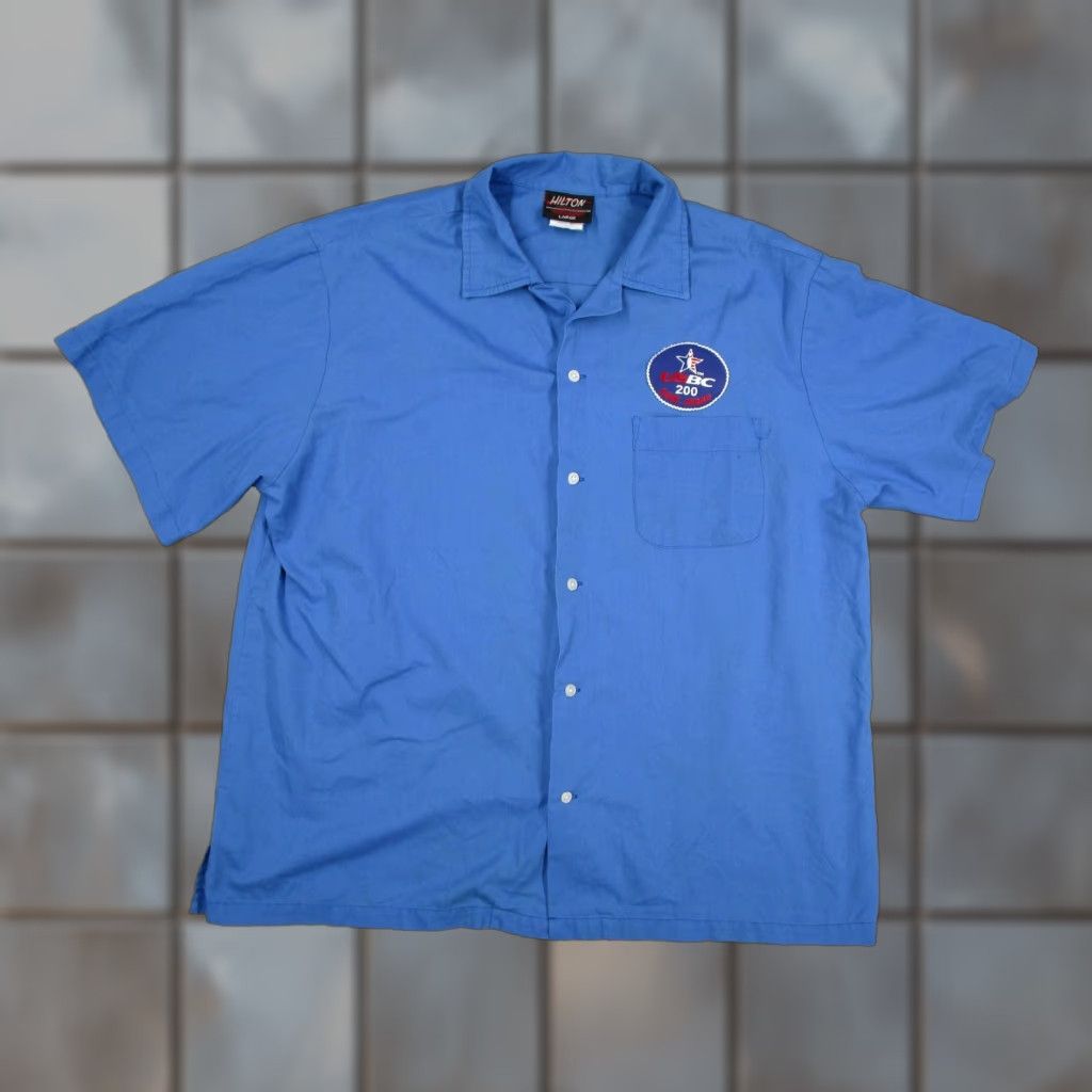 Vintage VINTAGE Hilton Bowling Shirt Mens Large Blue Short Sleeve Button Up USBC 200 Patch LAX 80s 90s California Mens Size US L / EU 52-54 / 3 - 1 Thumbnail