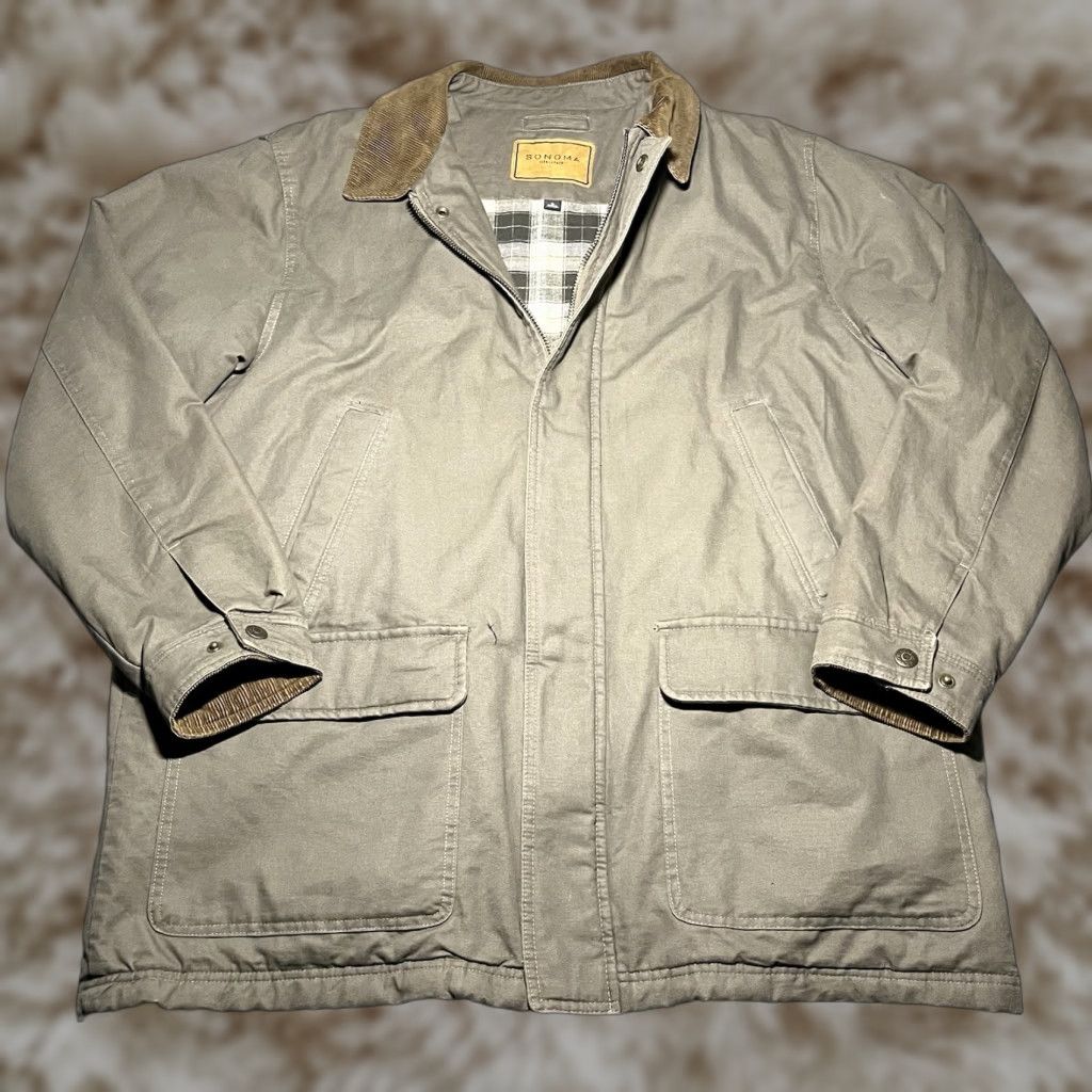 Sonoma Jacket Mens XL Corduroy Collar Barn Coat Flannel Lined Utility Field Green Canvas Military Outdoor Classic Workwear Regular Button Snap Zip Men