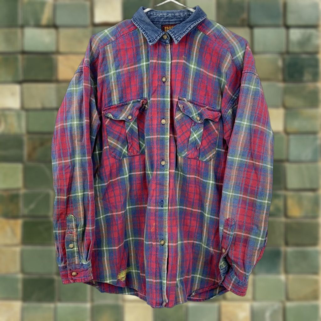 Faded Glory VINTAGE Faded Glory Shirt Plaid Flannel Denim Collar 90s Grunge Med/Large XL 2X Women Reproduction? Size M / US 6-8 / IT 42-44 - 1 Thumbnail
