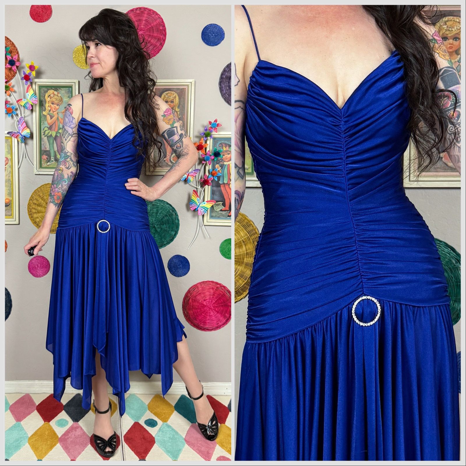 Vintage Vintage 1970s Royal Blue Ruched Mermaid Disco Dress Size XS / US 0-2 / IT 36-38 - 1 Thumbnail