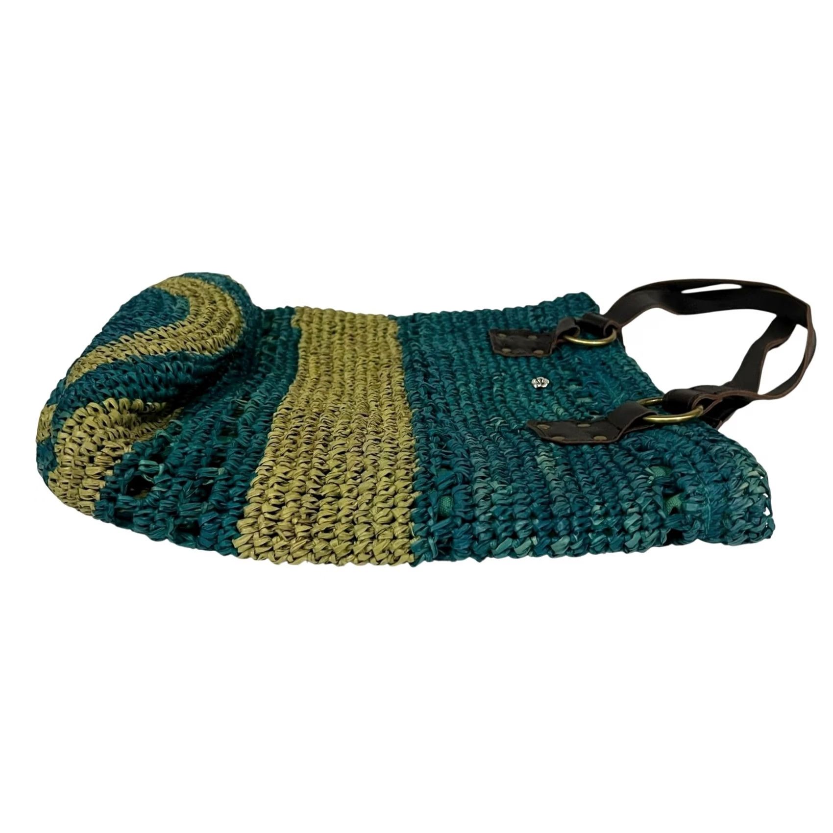 Vintage Flora Bella Raffia Straw Crochet Beach Market Bag Purse Tote Shoulder Bag Blue Leather Straps Women Size ONE SIZE - 6 Thumbnail