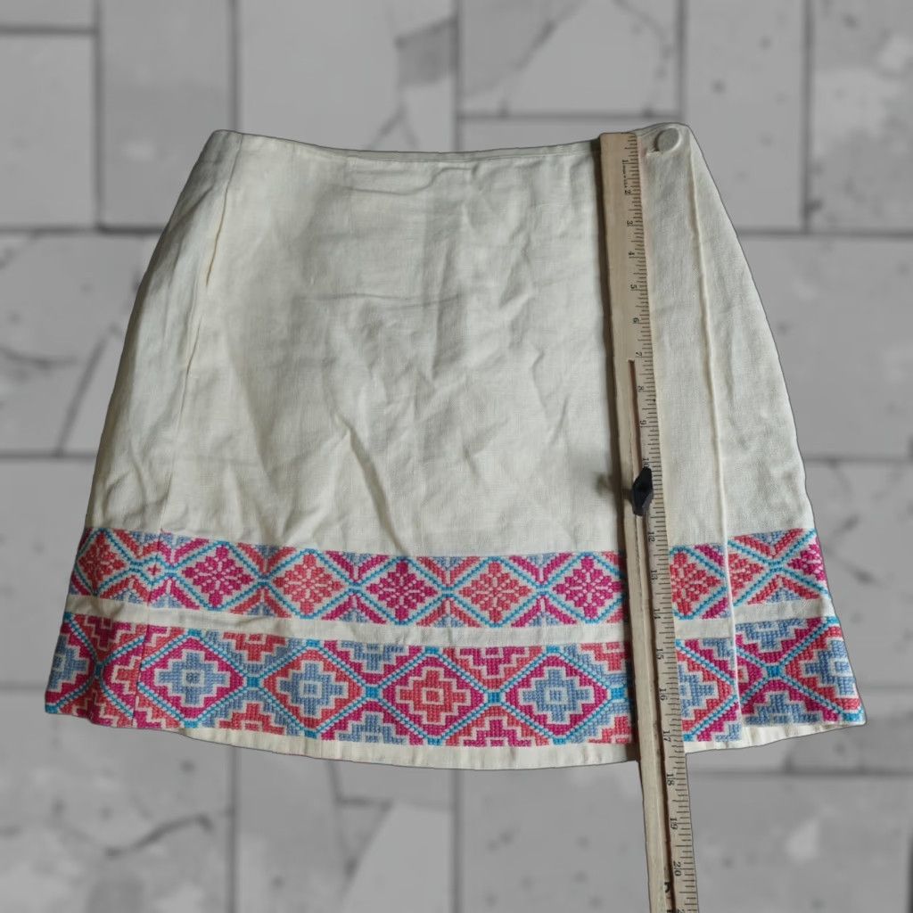Tory Burch Skirt Womens 4 Ivory Linen Embroidered Faux Wrap Short Pockets 100% Linen