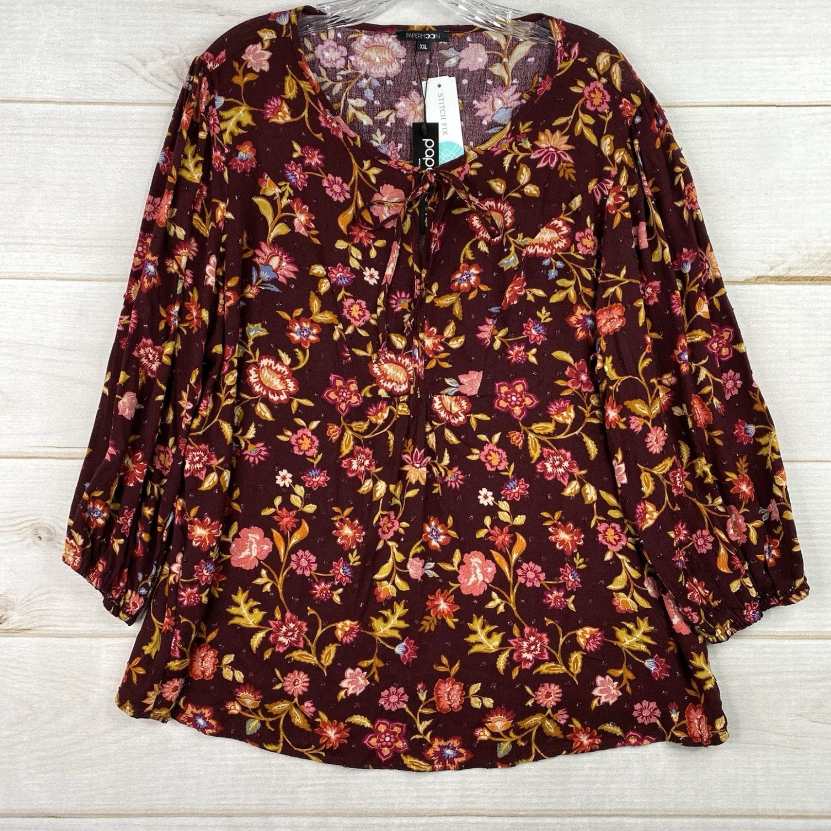 Vintage Papermoon Women 2XL Top Red Floral Boho Tie Neck 3/4 Sleeve Pullover NWT Blouse Shirt Size XXL / US 16-18 / IT 52-54 - 2 Thumbnail